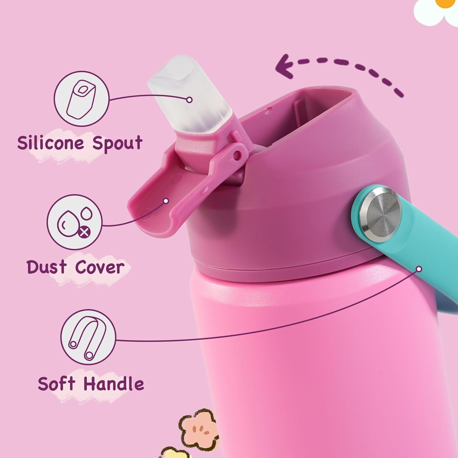 Thumbnail 1 de Fijinhom Kids Water Bottle 360ml (12oz) Insulated Stainless Steel with Straw, Leakproof, BPA Free – Rose Red