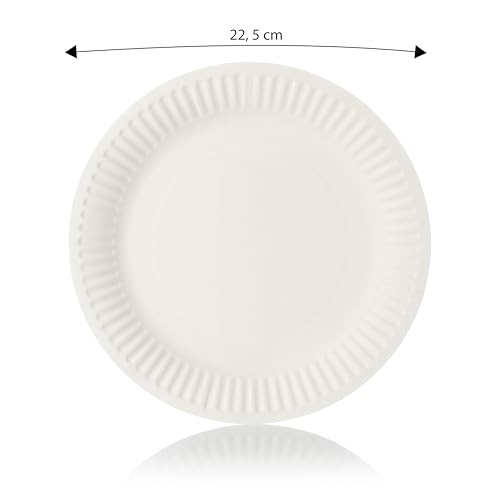 Detalle de Vaily Pappteller rund 22,5 cm – 100er Pack, weiß, umweltfreundlich, robust und beschichtet