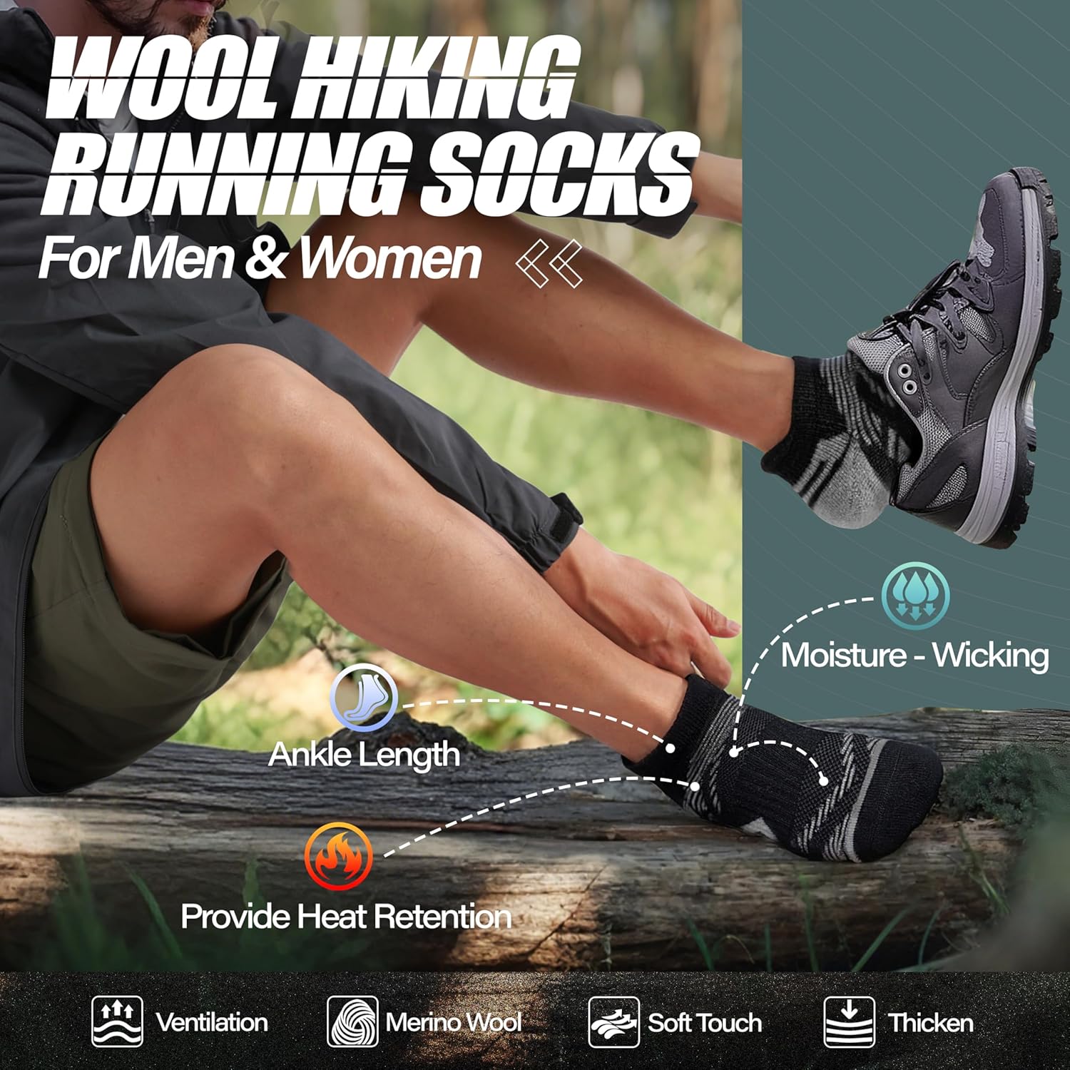 Thumbnail 1 de ANTSANG No Show Socks for Men and Women — Merino Wool Ankle Socks for Hiking and Running