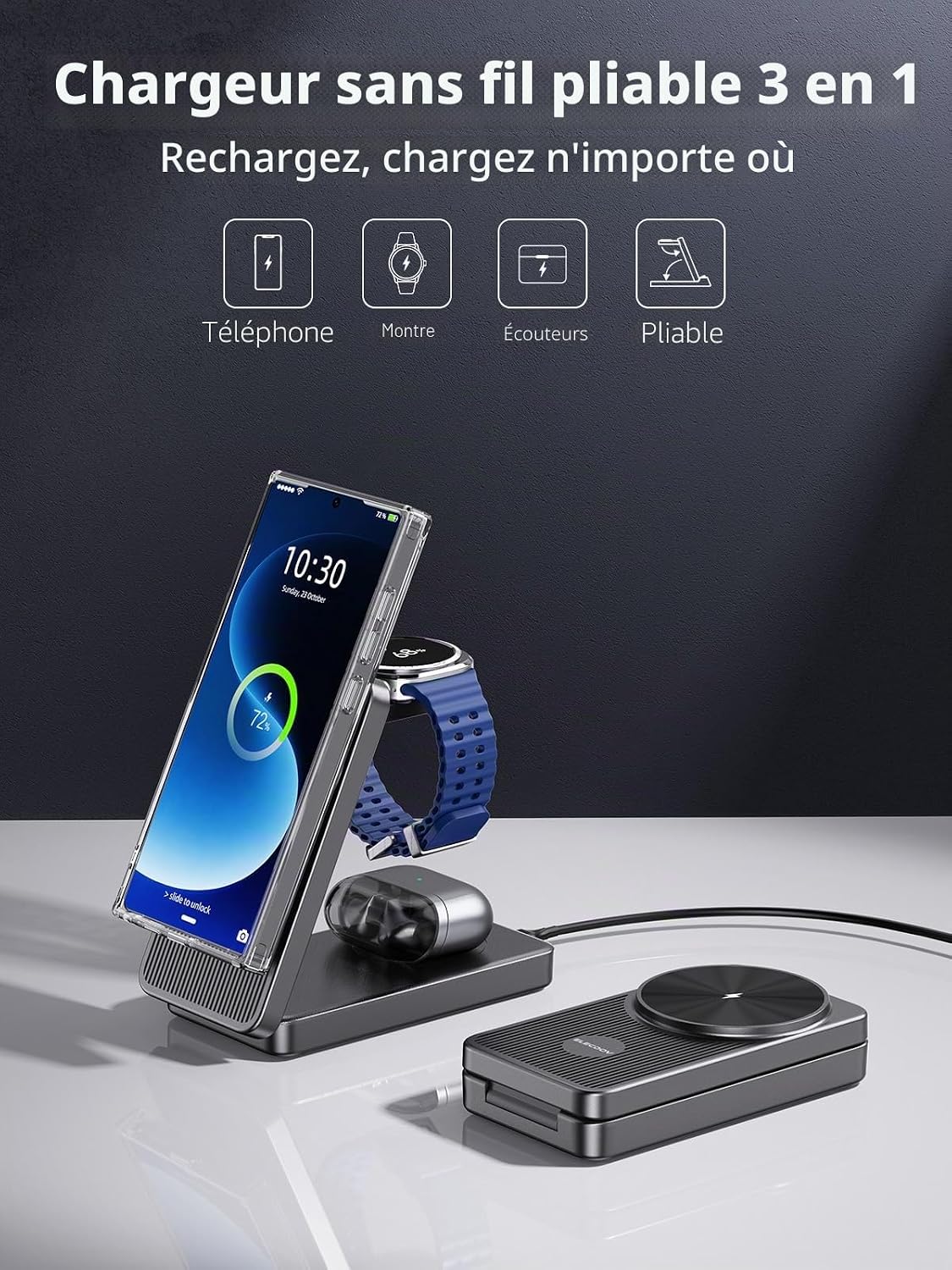 Thumbnail 1 de Chargeur Magnétique Induction 3-en-1 pour Samsung Galaxy S26 Ultra / Z Fold7 / Z Flip7 – Pliable