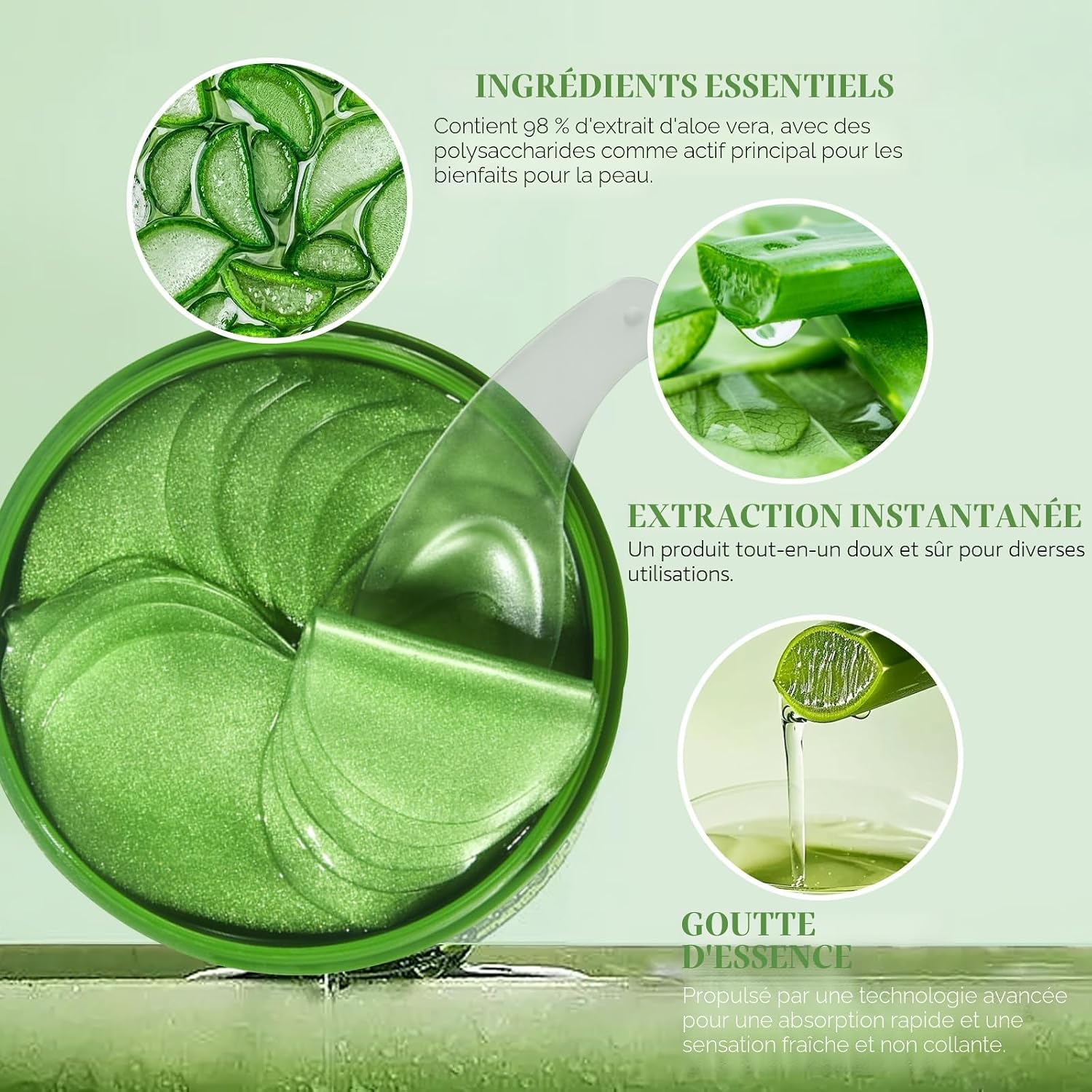 Detalle de Lot de 60 coussinets contour des yeux à l’aloe vera – Masque hydrogel hydratant 80 g