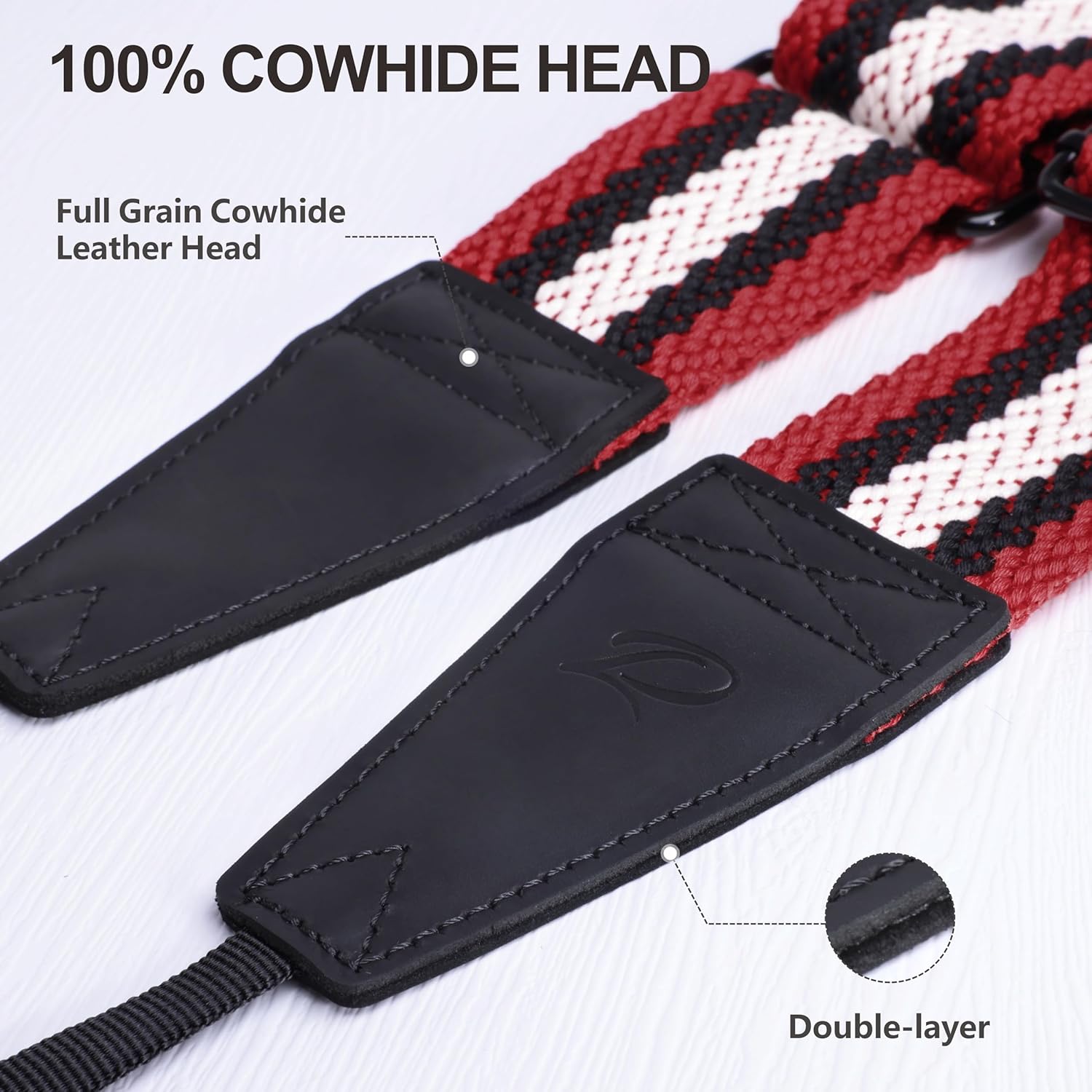 Detalle 2 de Padwa Lifestyle Stripes Adjustable Camera Strap with Quick Release Clip – 2" Full Grain Leather Head, Soft Cotton Rope Weave