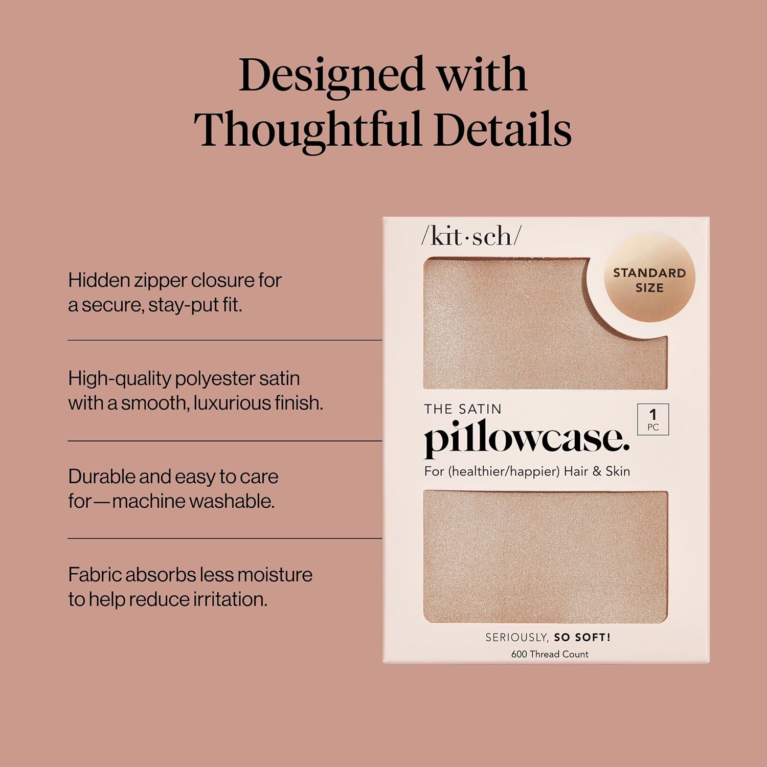 Detalle de Kitsch 61425 Satin Pillowcase with Zipper, Standard 19" x 26", Champagne