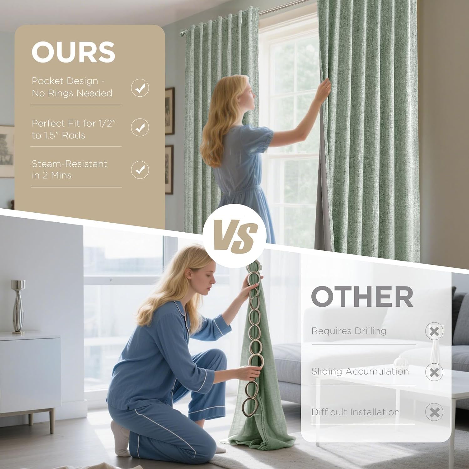 Thumbnail 4 de Joydeco Blackout Thermal Lined Curtains – 66x90 Inch, 2 Panels with Back Tabs & Rod Pocket