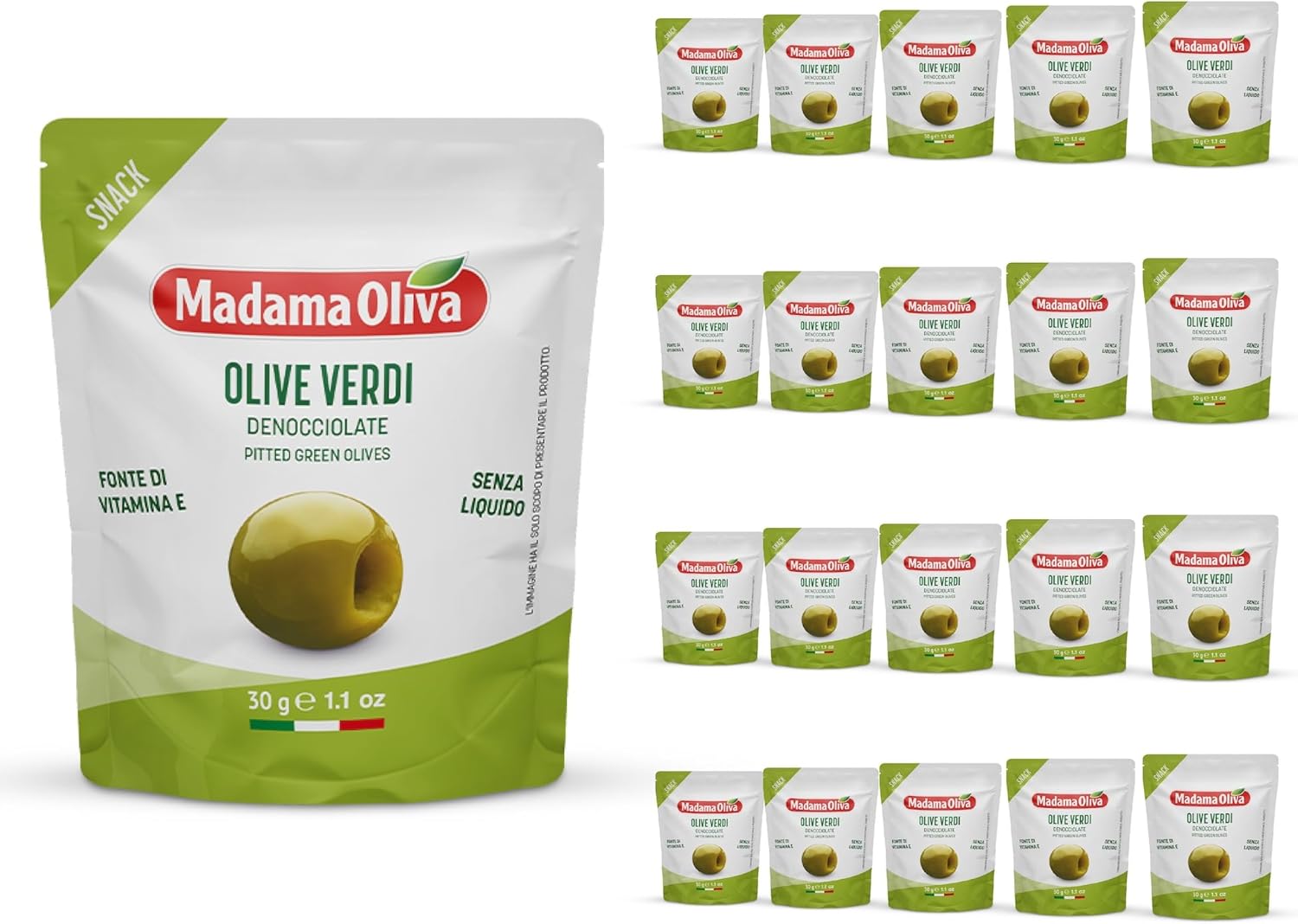 Detalle de MADAMA OLIVA Verdi Denocciolate Nocellara del Belice, 30 g – Box da 20 bustine