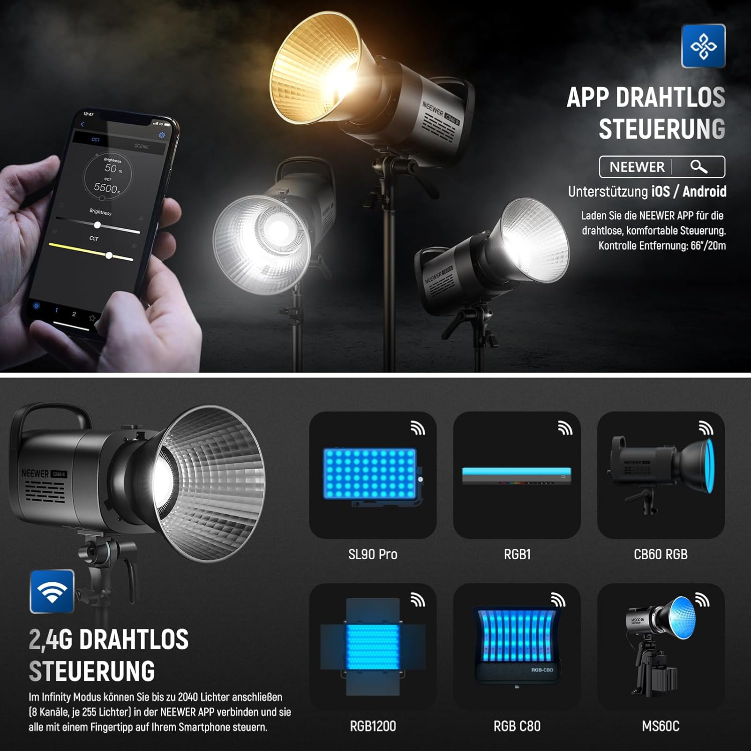 Thumbnail 3 de NEEWER CB60B 70W LED Videoleuchte: 2,4G Funk- & App-Steuerung, 2700–6500K, CRI 97+