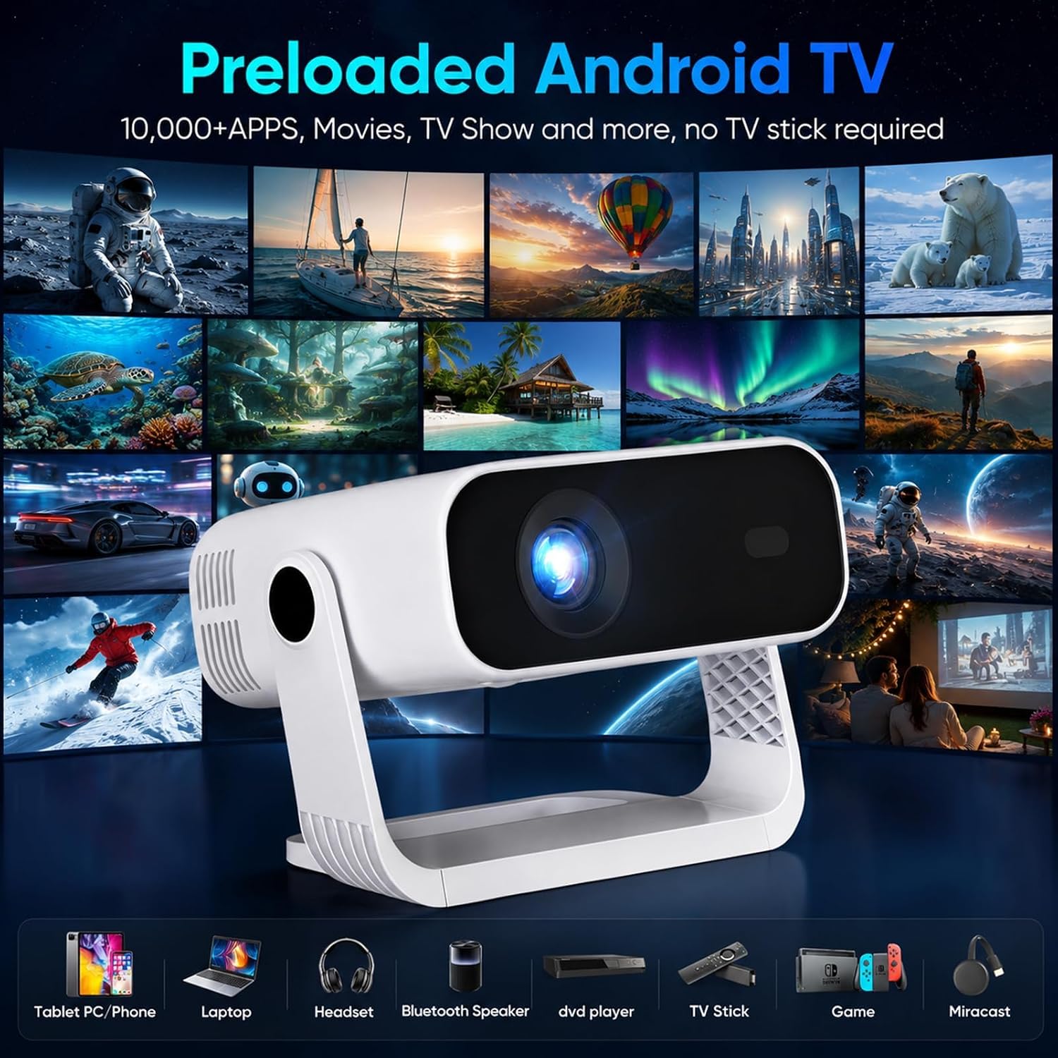 Detalle de 2026 New Smart Projector with Android 14: Built-in Apps, Native 1080p, 4K Support and Wireless Convenience