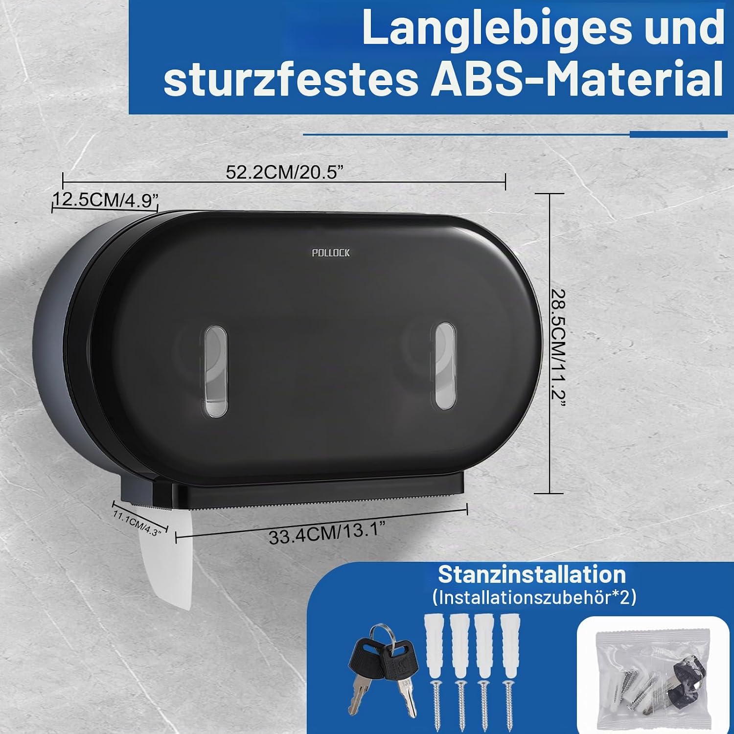 Detalle de Pollock Doppelrollen-Toilettenpapierspender Jumbo, bohrfrei, Schwarz – Extra große Kapazität