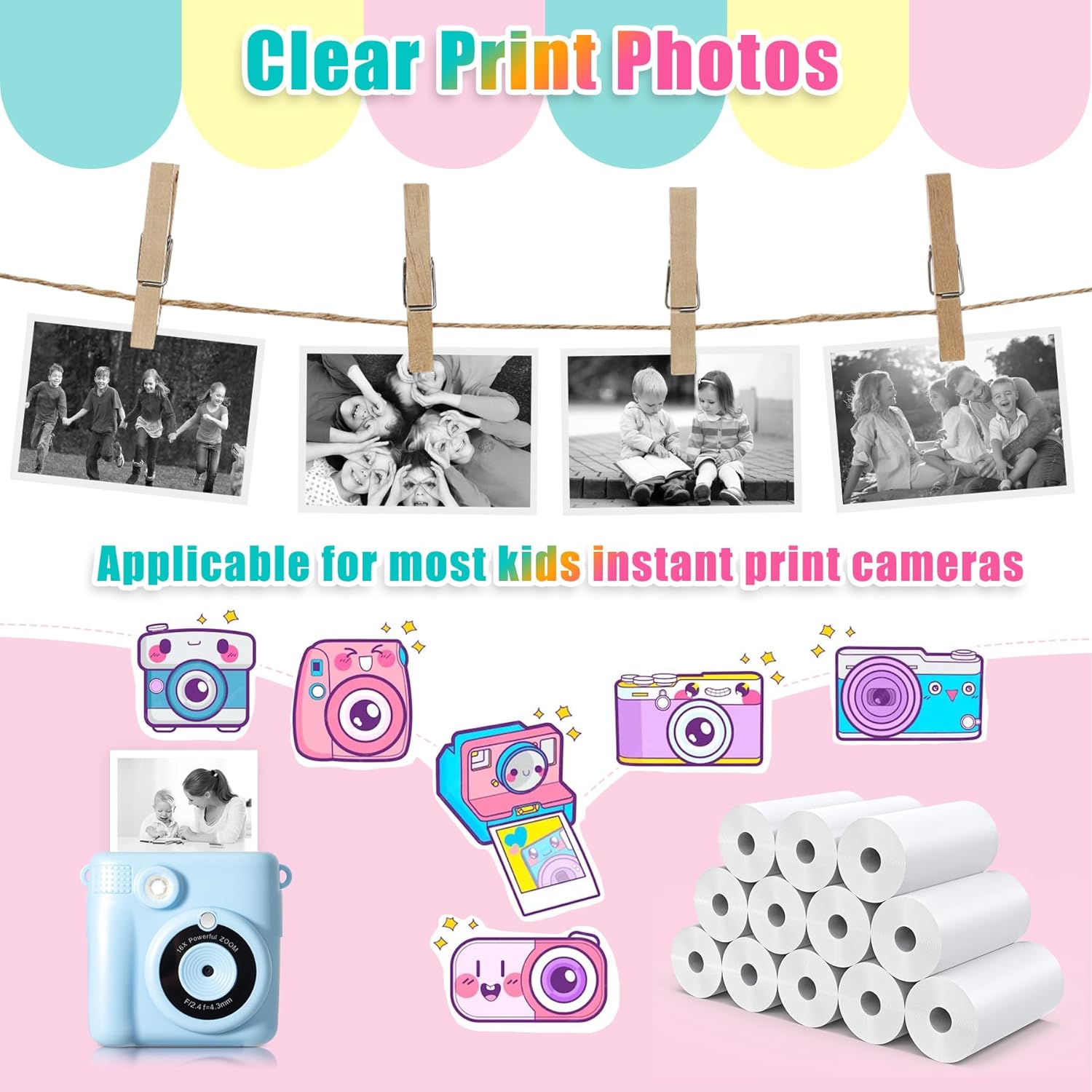 Thumbnail 3 de Hikkon 12 Rolls Kids Instant Print Camera Thermal Paper — DIY Colourable Photos On The Go