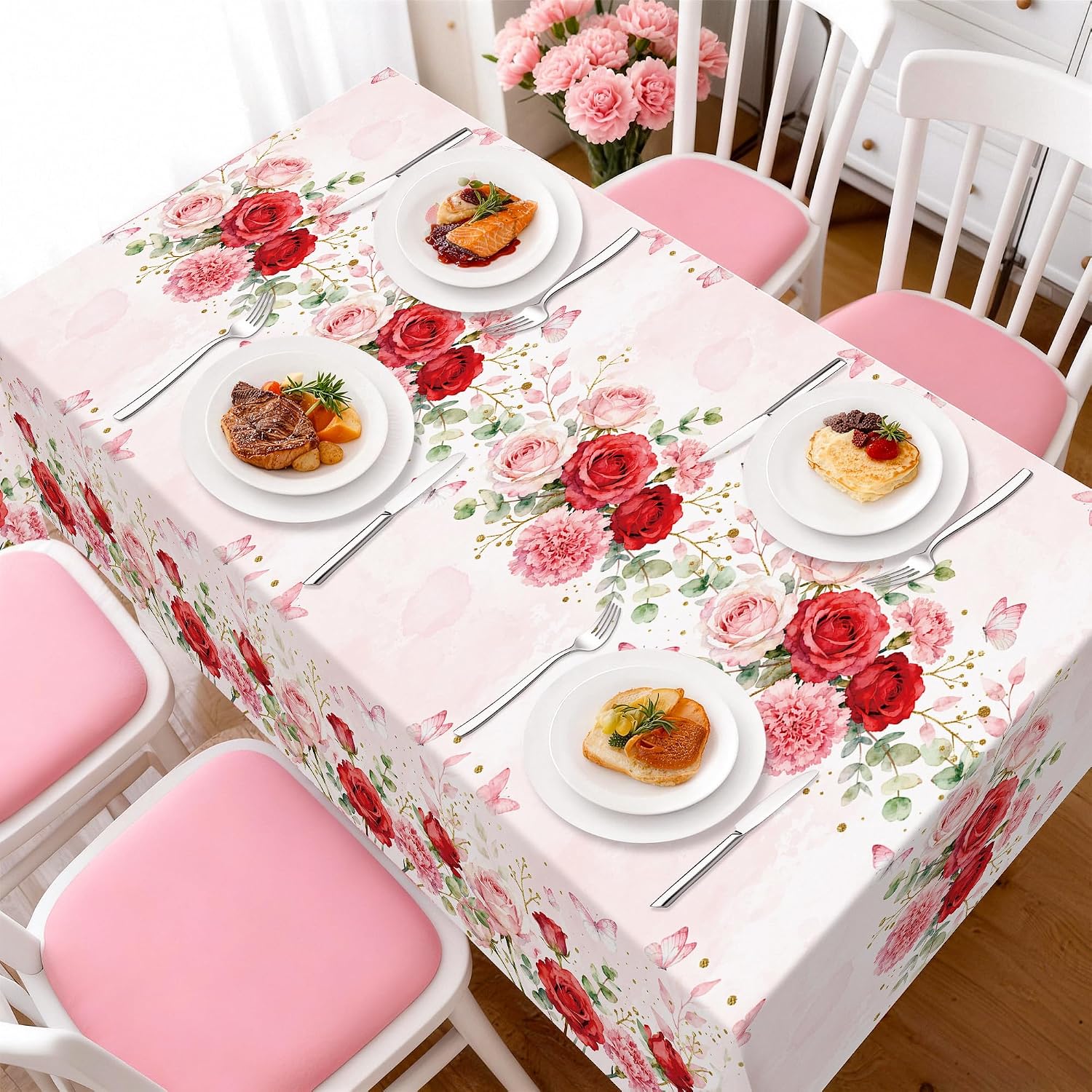 Detalle 2 de Childom 3-Pack Pink Floral Disposable Plastic Tablecloths, 54 x 108 Inches