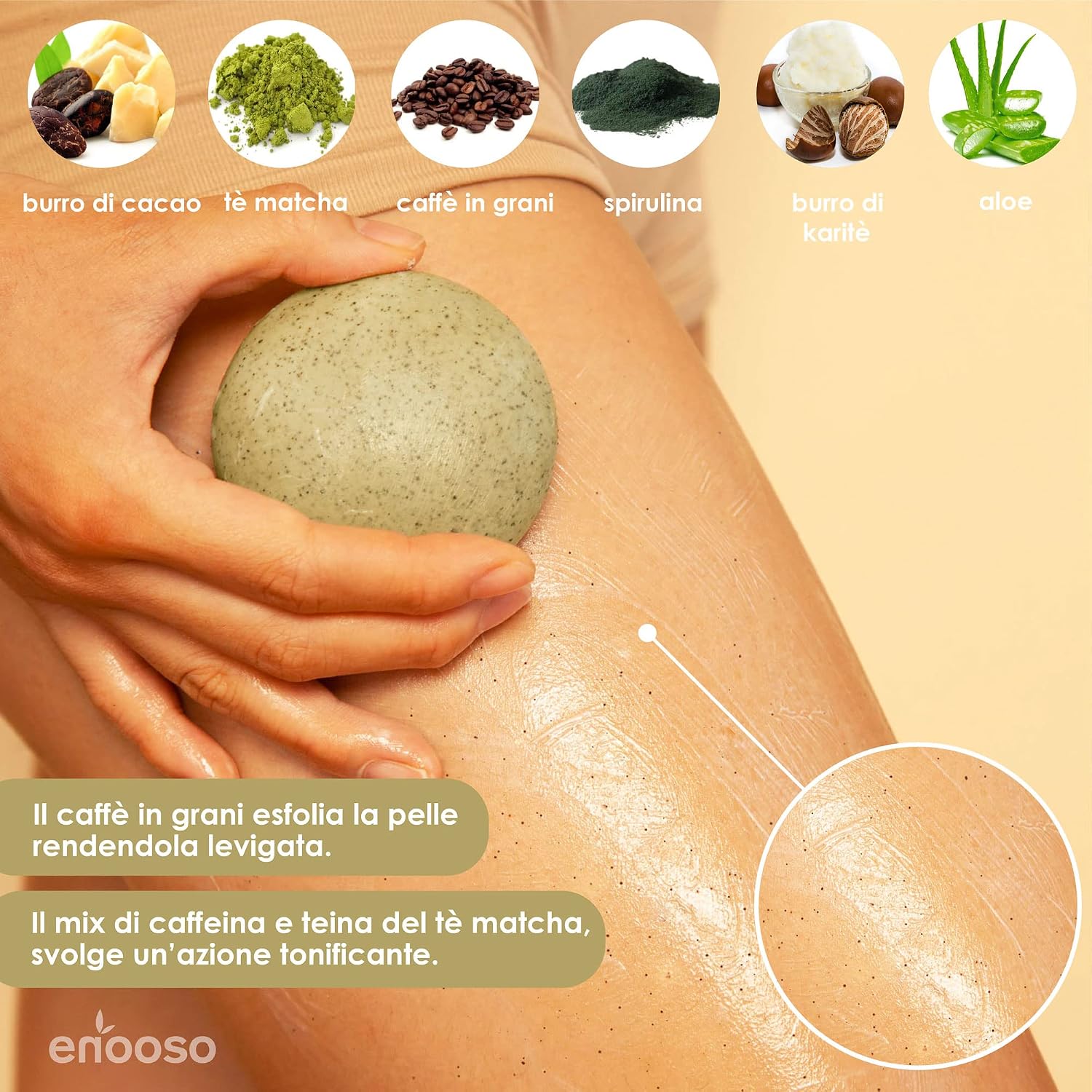 Detalle de Scrub Corpo Esfoliante Solido e Bio Rivitalizzante con Matcha e Caffè – Made in Italy