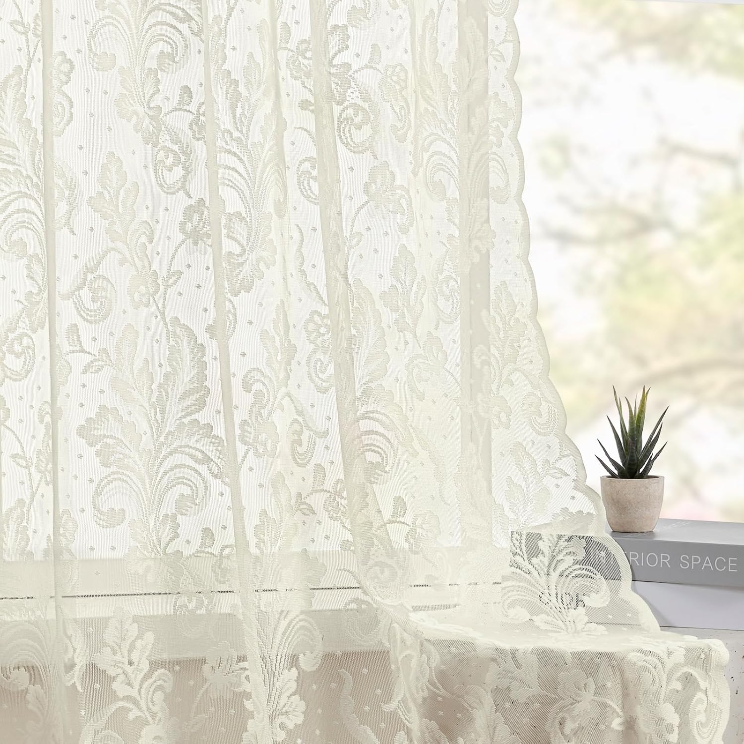 Thumbnail 2 de Ivory Lace Curtains 84 Inches Long – Victorian Floral Sheer Curtains, 2 Panels, 52x84