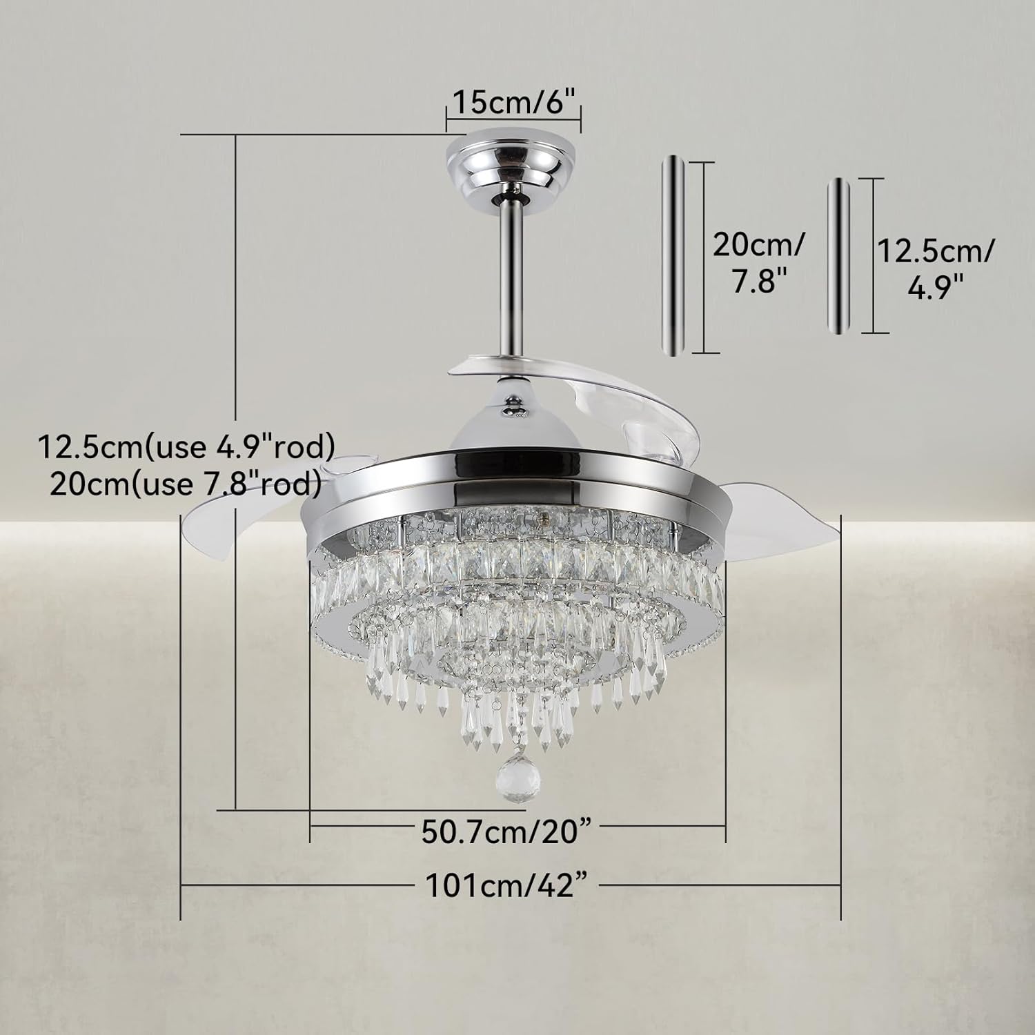 Thumbnail 1 de Modern Crystal Chandelier Ceiling Fan with Light – 42in, DC Motor, Remote & Retractable Blades