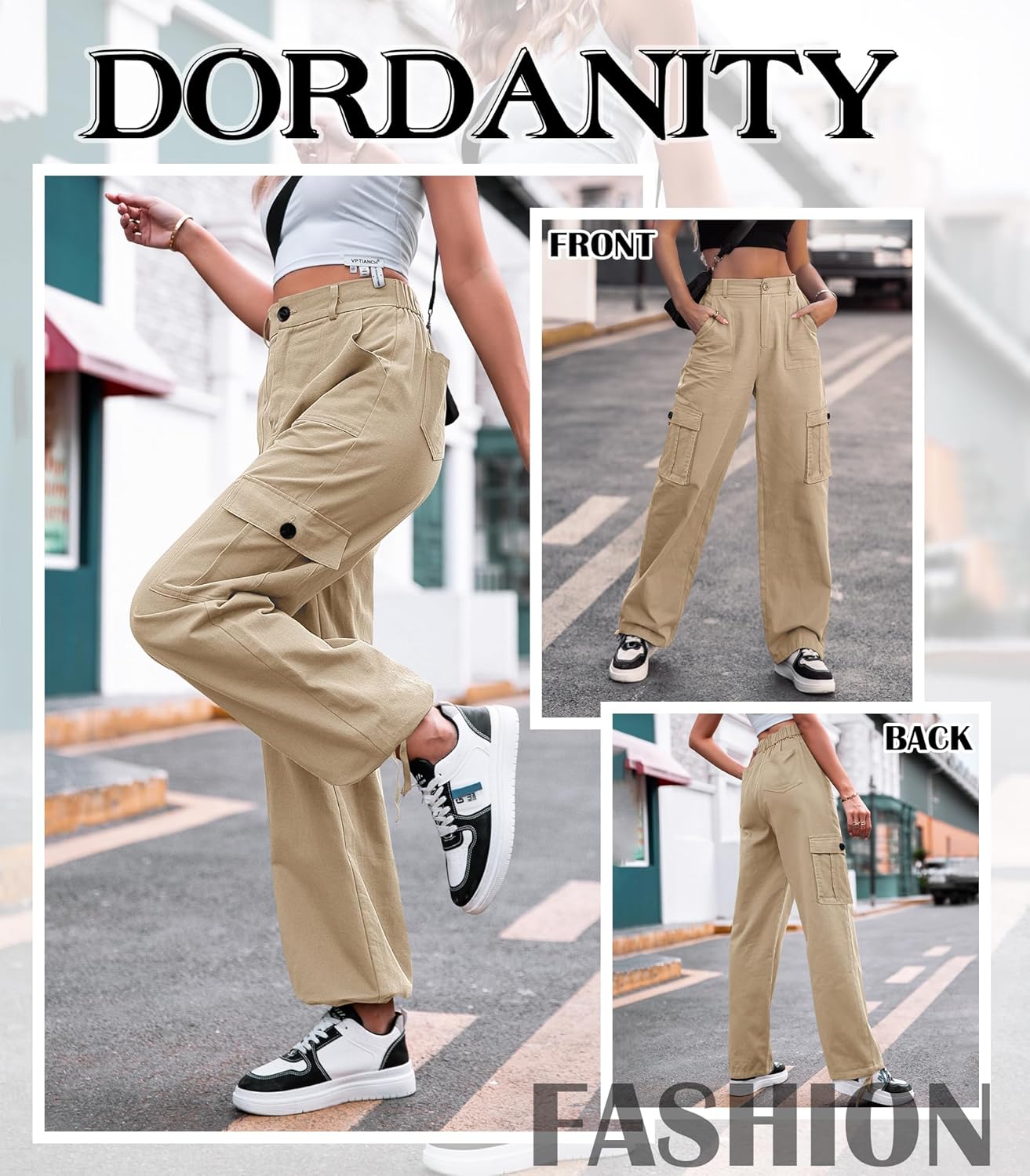 Detalle de Dordanity Y2K Cargohose für Damen mit 6 Taschen – High Waist Baggy Wanderhose aus Baumwollmischgewebe