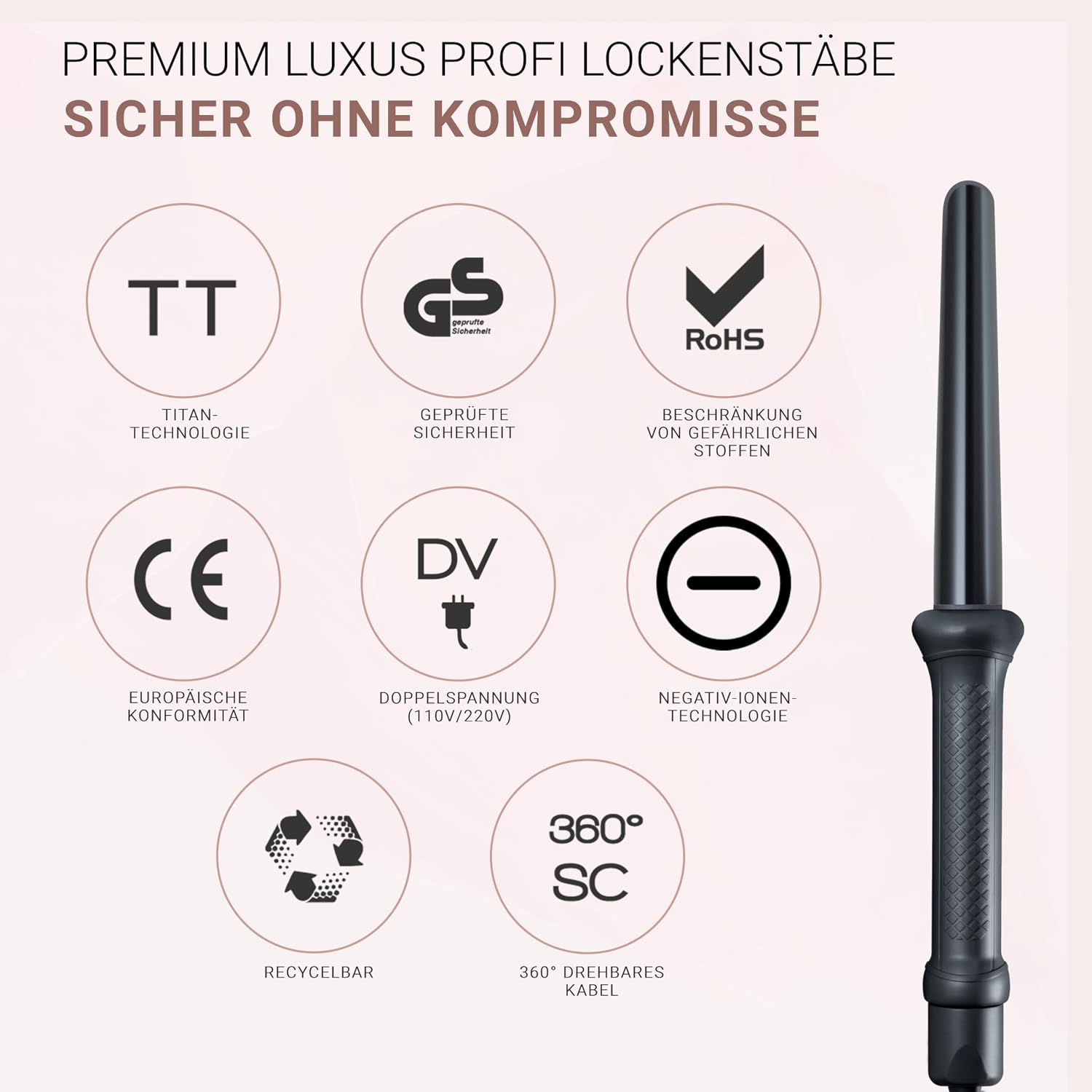 Detalle 2 de Golden Curl Lockenstab Hair Curler für Beach Waves – 18–25 mm, bis 200 °C, Titan-Ionen, 360°-Kabel