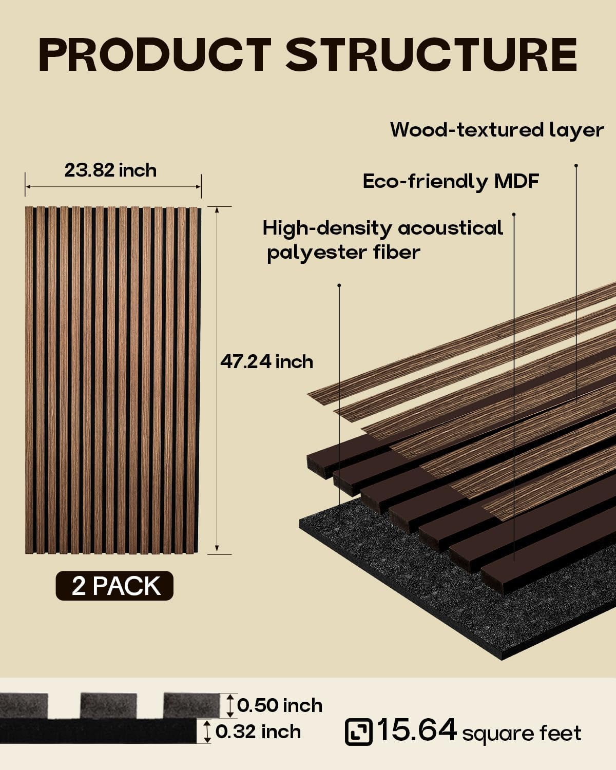 Detalle 2 de Acoustic Wood Slat Wall Panels, Walnut