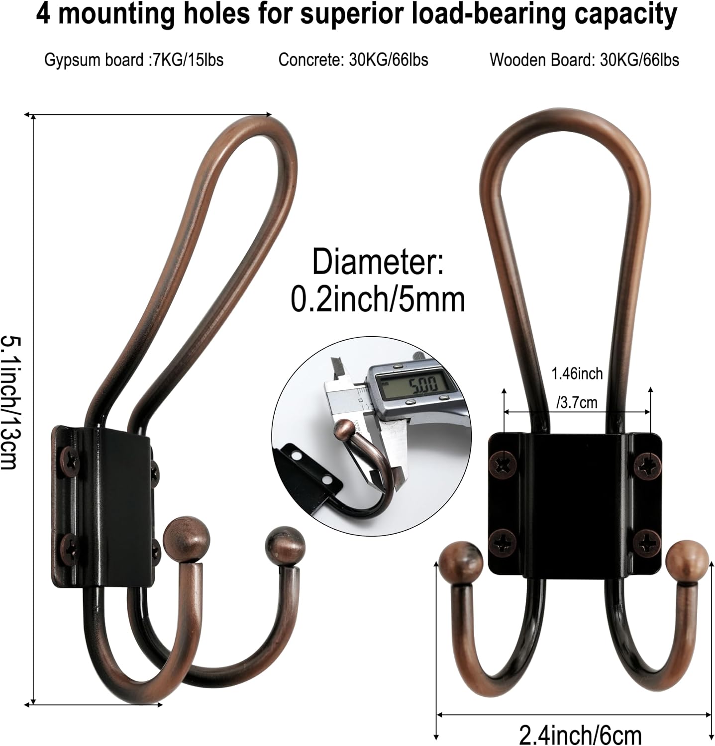 Thumbnail 2 de WEBI WB-I1-5B-HG10 Wall-Mount Triple Coat Hooks, 5 mm Iron, Antique Copper