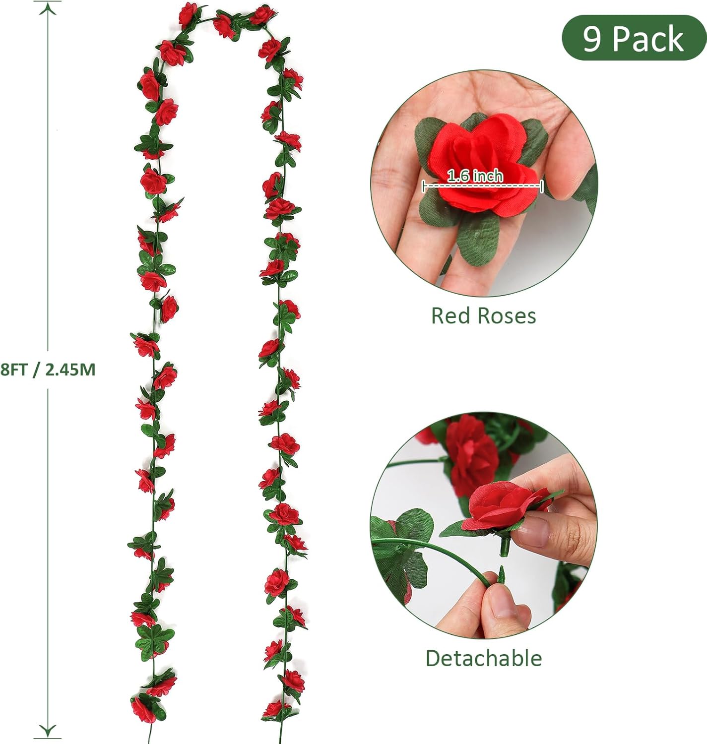 Detalle de KHOYIME 9 Pack 72 FT Artificial Flower Garland (Red Roses) – Silk-Style Faux Vine for Outdoor & Wedding Decor
