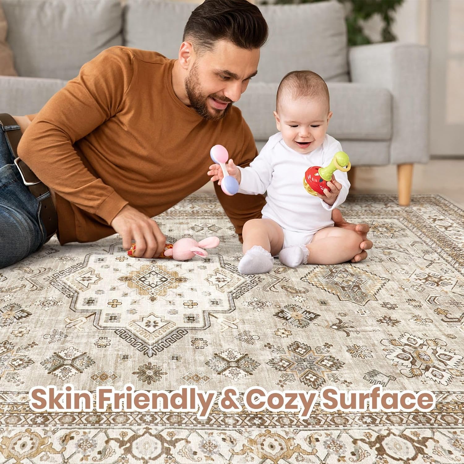 Thumbnail 2 de Vintage Living Room Area Rug 7x10 – Large Soft Washable Oriental Traditional Distressed Farmhouse Rug in Beige