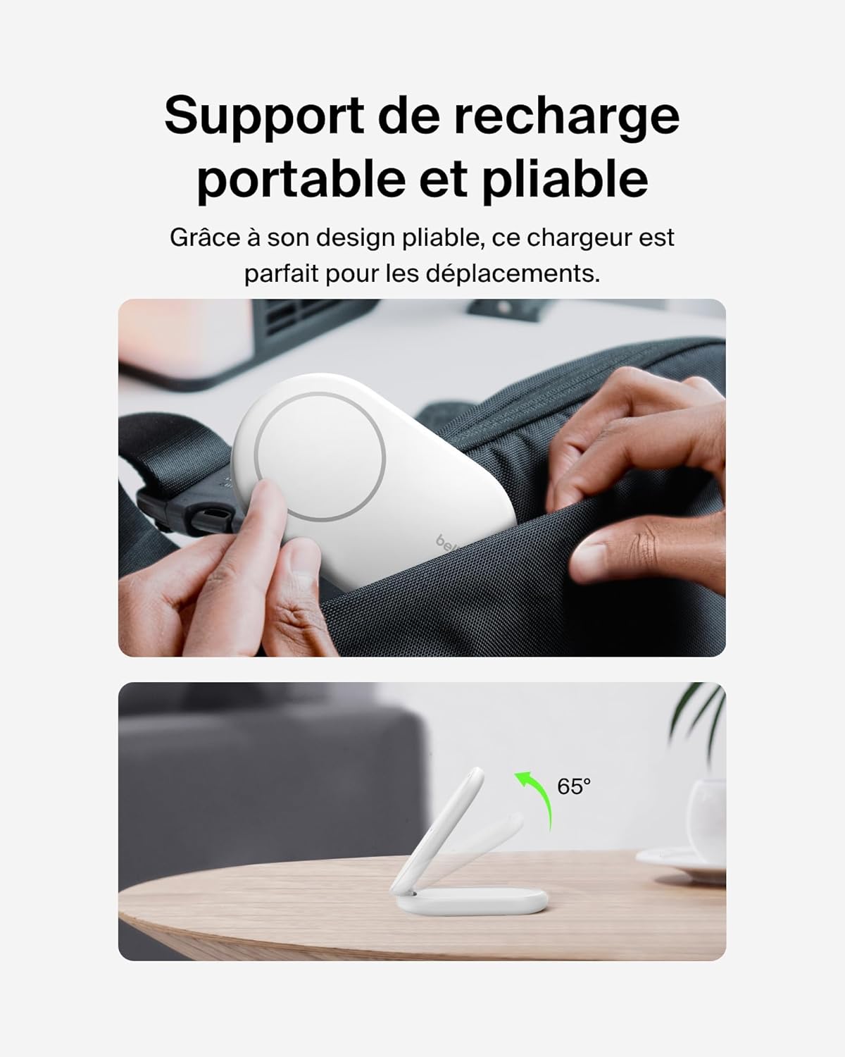 Detalle de Belkin BoostCharge Socle de Recharge Qi2 avec Support Pliable — 15 W, MagSafe compatible (iPhone 16/15/14/13) – Blanc