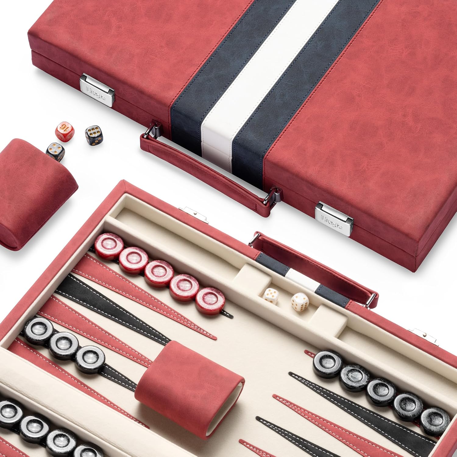 Detalle de Lingle 15-inch Backgammon Set for Adults with Folding Faux Leather Case (Red)