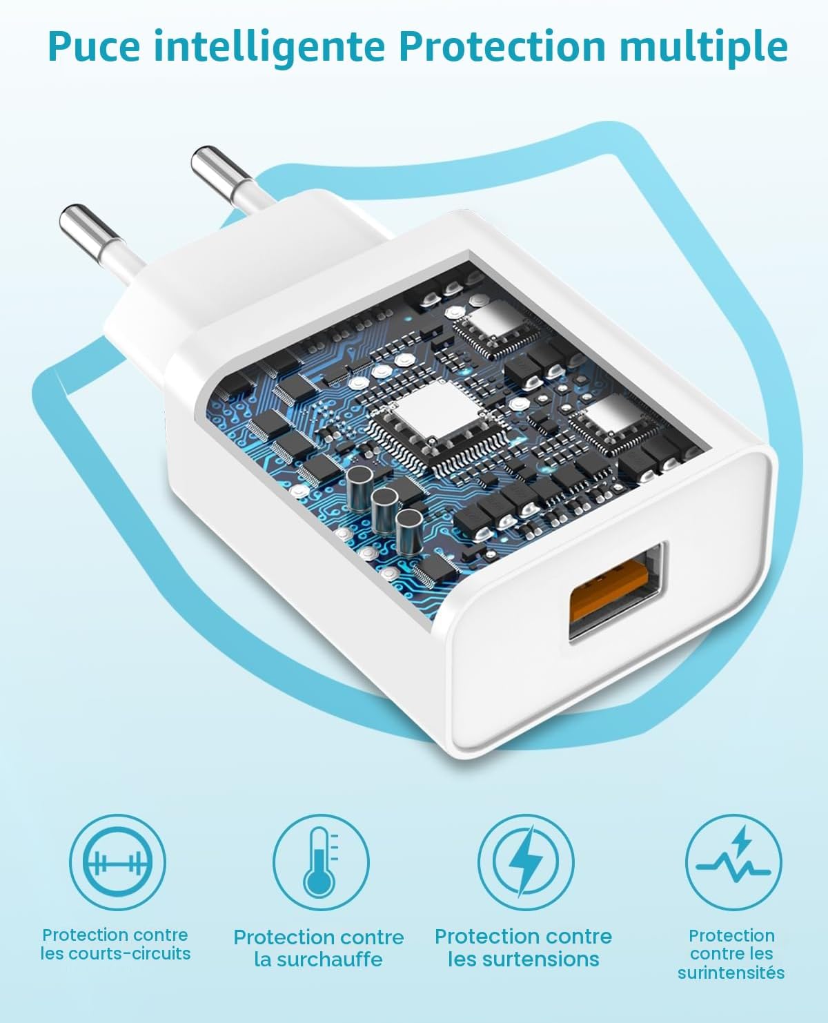 Thumbnail 1 de Chargeur USB rapide 18W avec câble USB-C 2 m – Quick Charge 3.0, prise secteur pour Samsung, Xiaomi, Huawei