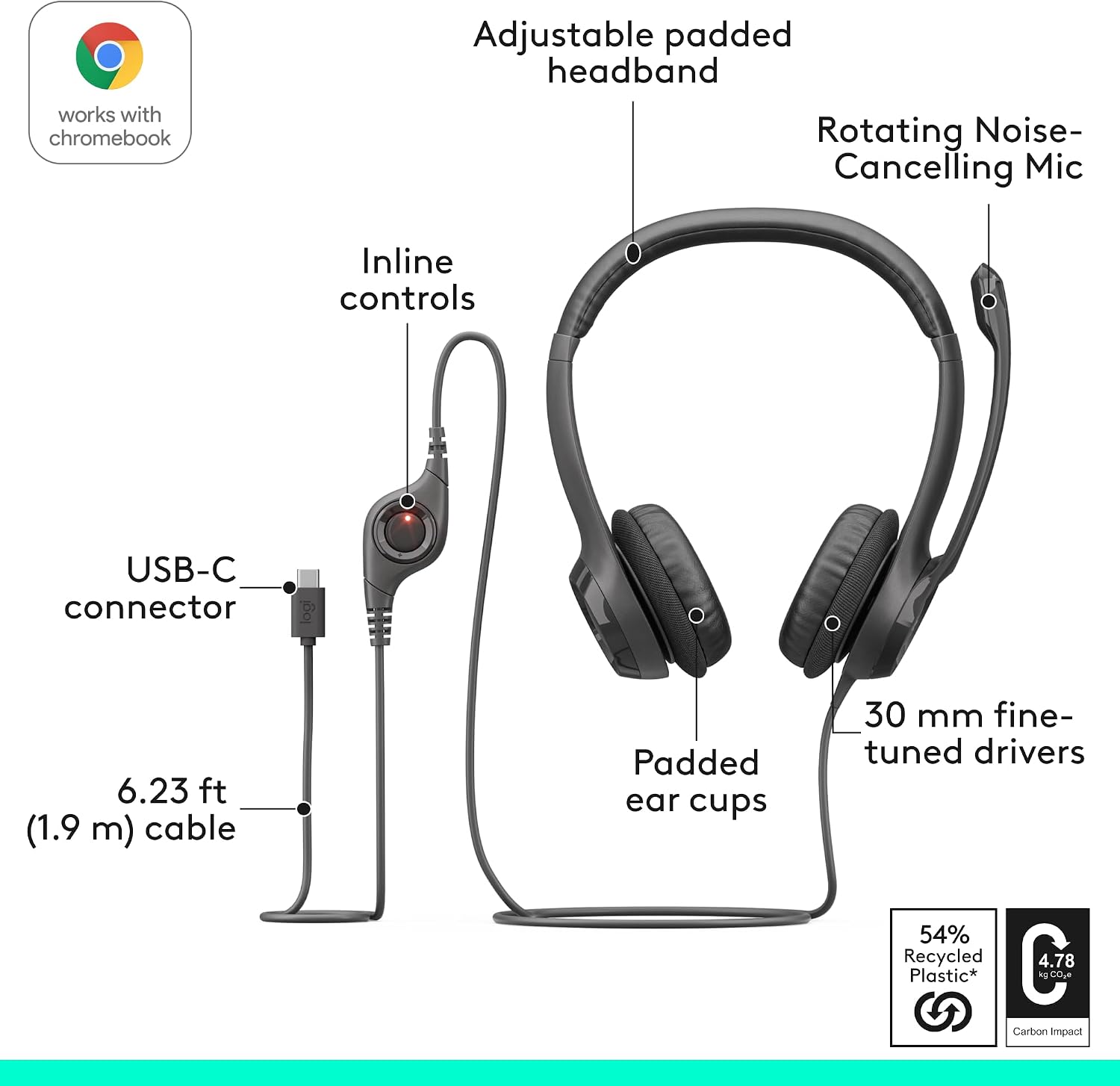 Thumbnail 5 de Logitech H391 Wired USB-C Headset, Graphite, Inline Controls, Noise-Canceling Mic