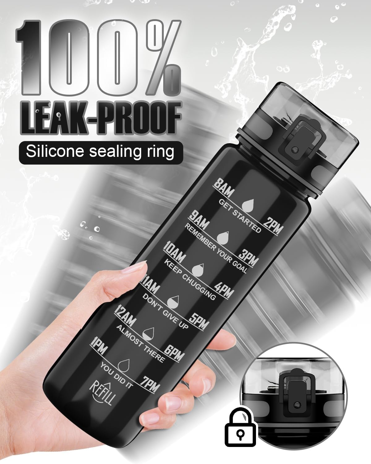 Thumbnail 1 de QIVORO 1-litre BPA-free Tritan motivational water bottle (black)