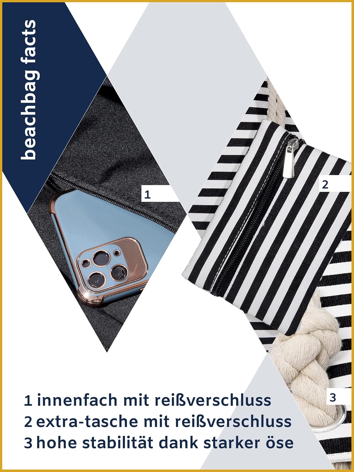 Thumbnail 3 de MASADA Badetasche XXL Familie Strandtasche Damen Beach Bag groß mit Reißverschluss – Small black stripes