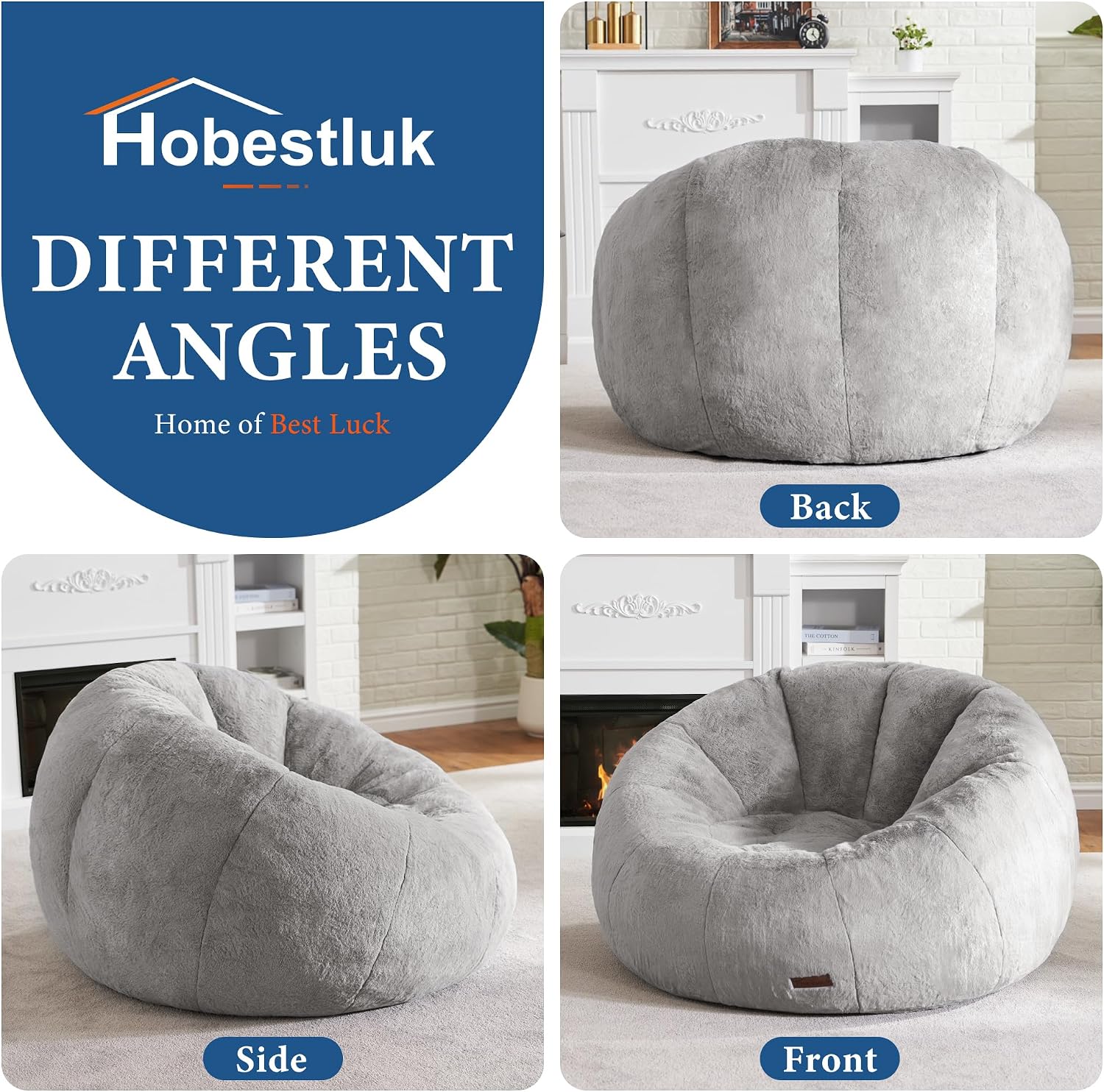 Thumbnail 6 de Hobestluk 62-608 Donut-Shaped Bean Bag Chair, Grey Faux Fur