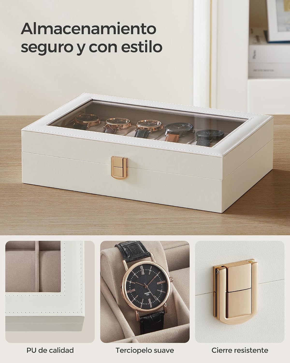 Thumbnail 2 de SONGMICS JWB120W01: Caja de Relojes con 12 Compartimentos y Tapa de Cristal en Cuero Sintético Blanco Nube