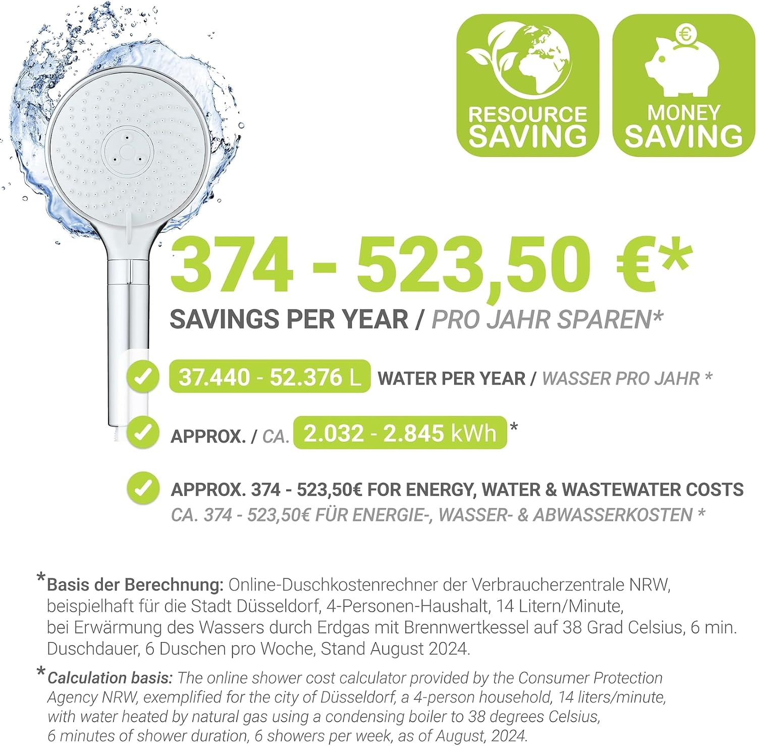 Detalle 2 de WENKO Water Saving Duschkopf (12 cm) mit 3 Strahlarten, regulierender Handbrause & Universalanschluss