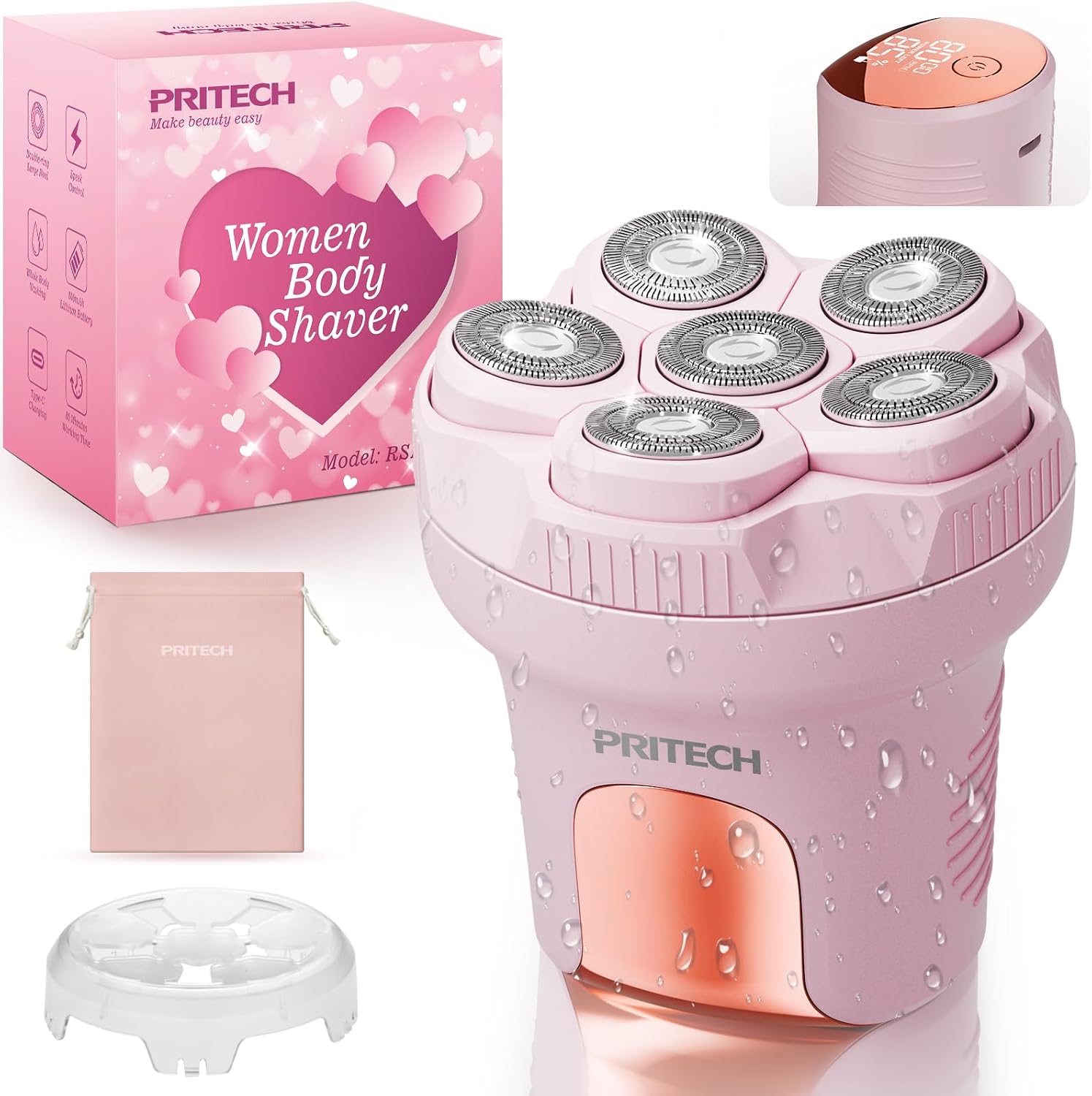 Detalle de PRITECH elektrisch damescheerapparaat met 6D-scheerkop, nat en droog