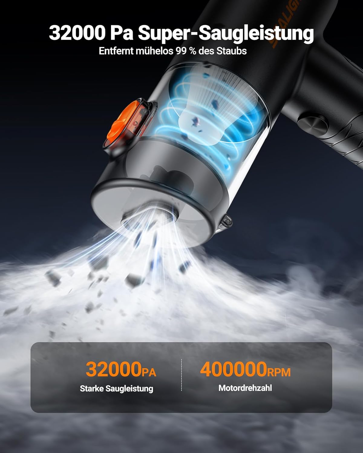 Detalle de SEALIGHT Handstaubsauger Akku – kabellos, 32000 Pa Saugkraft, 400000 U/min, 4-in-1 Multifunktion