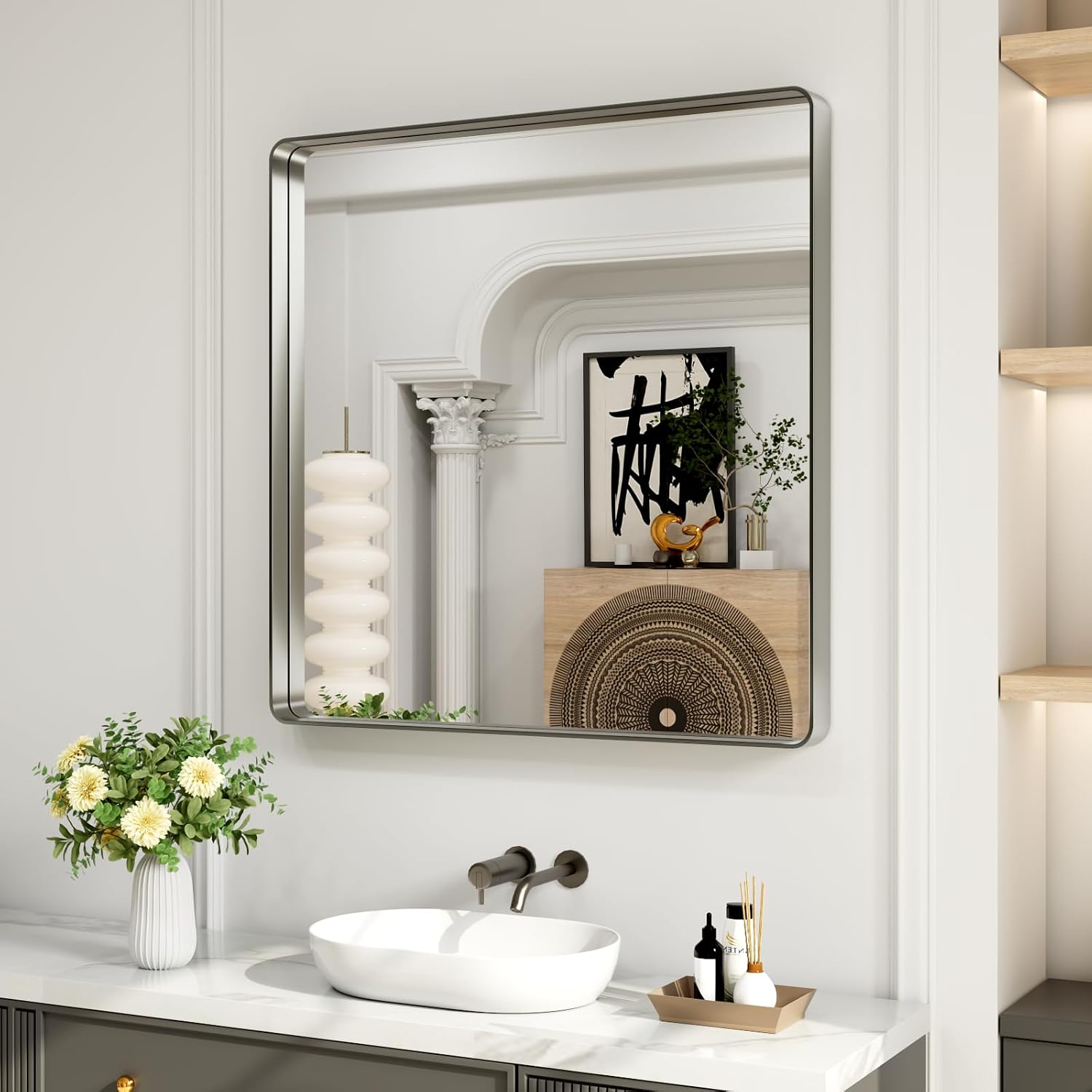 Detalle de LOAAO 36x36 Brushed Nickel Bathroom Mirror