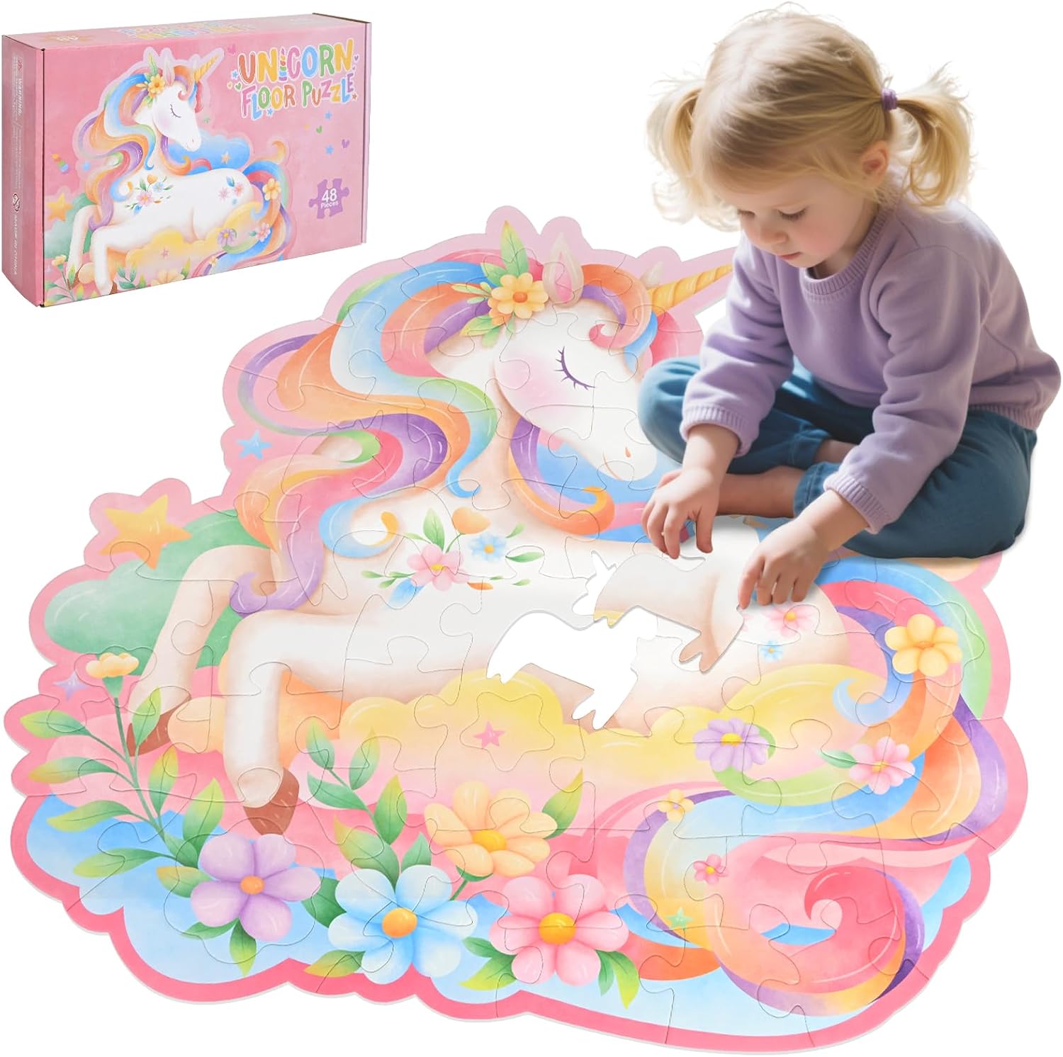 Detalle de Gatherfun 2025061201 Unicorn Floor Puzzle, 48 Large Pieces, 35.4 x 22.7 in