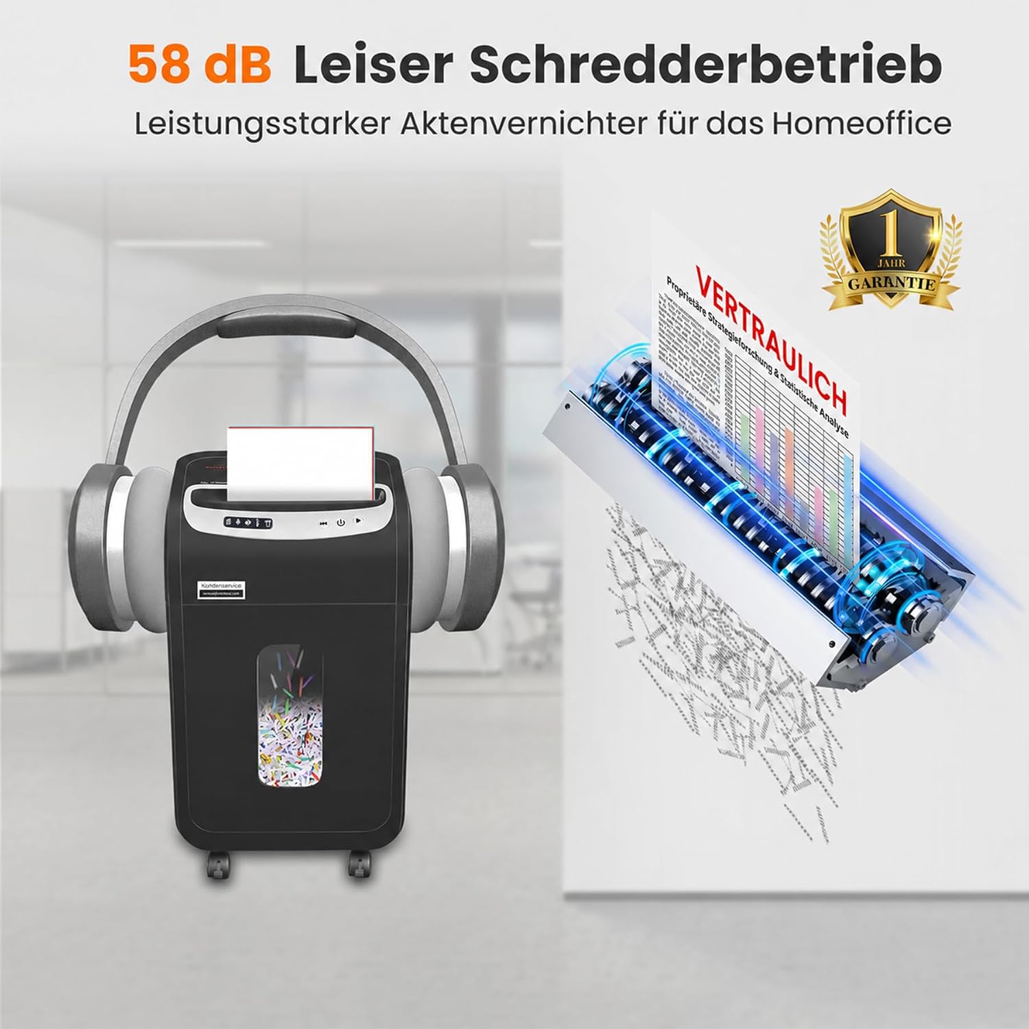 Detalle de VidaTeco Aktenvernichter für Büro und Homeoffice – P-4 Kreuzschnitt, 20 Blatt, 60 Minuten Dauerbetrieb, leise 58 dB, 30 L Behälter