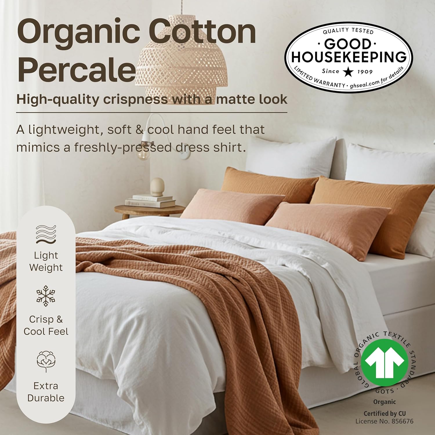 Detalle de California Design Den Pack of 2 Full Size Organic Cotton Percale Bed Sheets Set in Light Grey