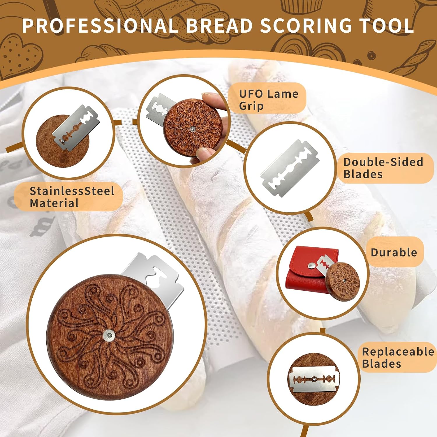 Thumbnail 6 de COOHLYEE Octopus UFO Bread Lame with Wooden Handle and 5 Blades