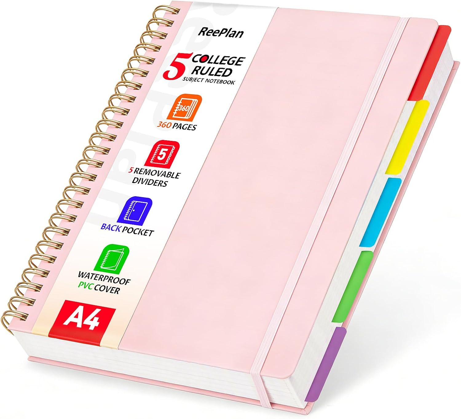 Detalle de ReePlan 360 Pages A4 Spiral Notebook with 5 Subjects – Pink