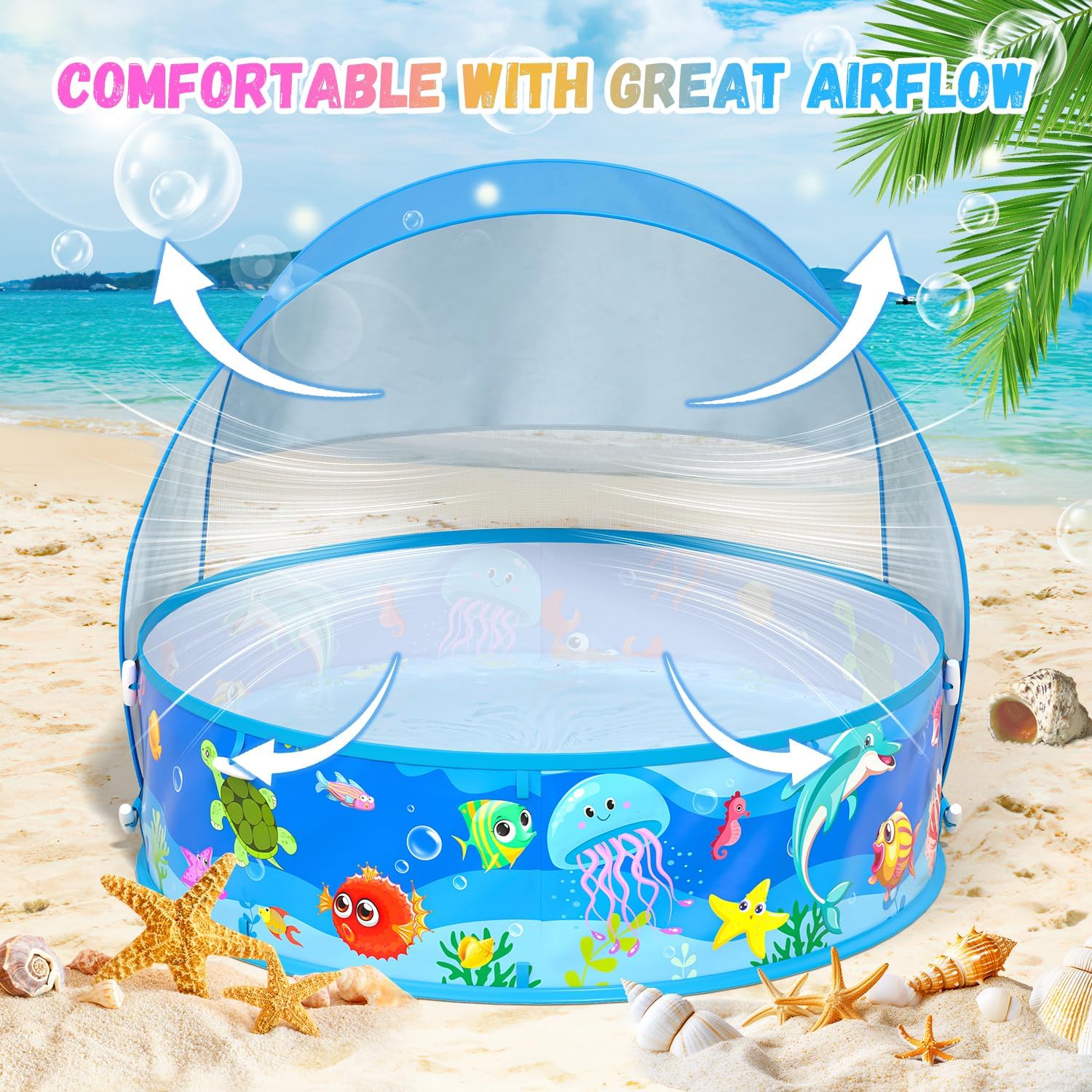 Thumbnail 3 de Baby Pool with Canopy Foldable Kiddie Pool with Sun Shade for Toddlers - 35-Inch Portable Water Play