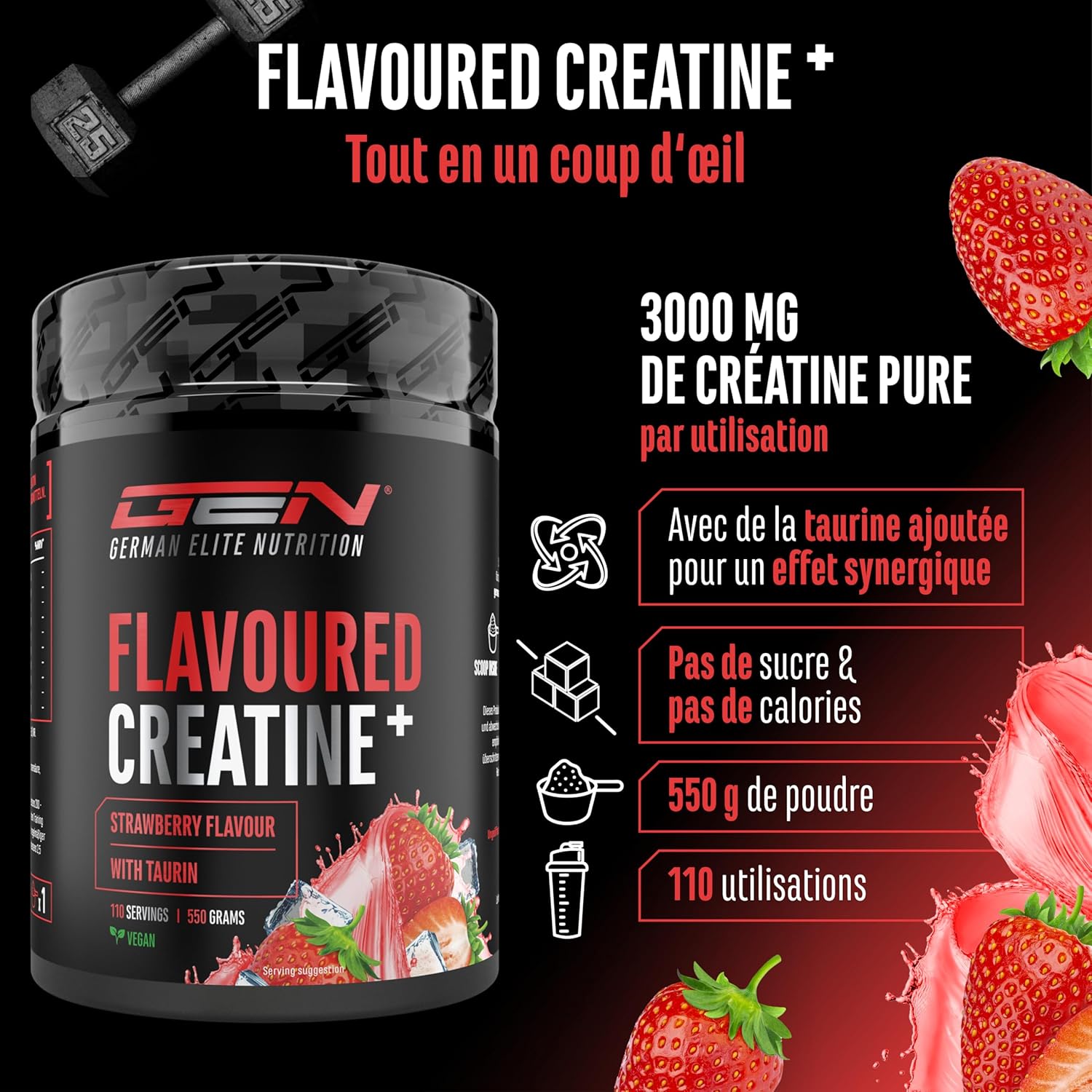 Thumbnail 1 de Flavoured Creatine poudre – 550 g, Creatine Monohydrate + L-taurine, Saveur Fraise – vegan & sans sucre