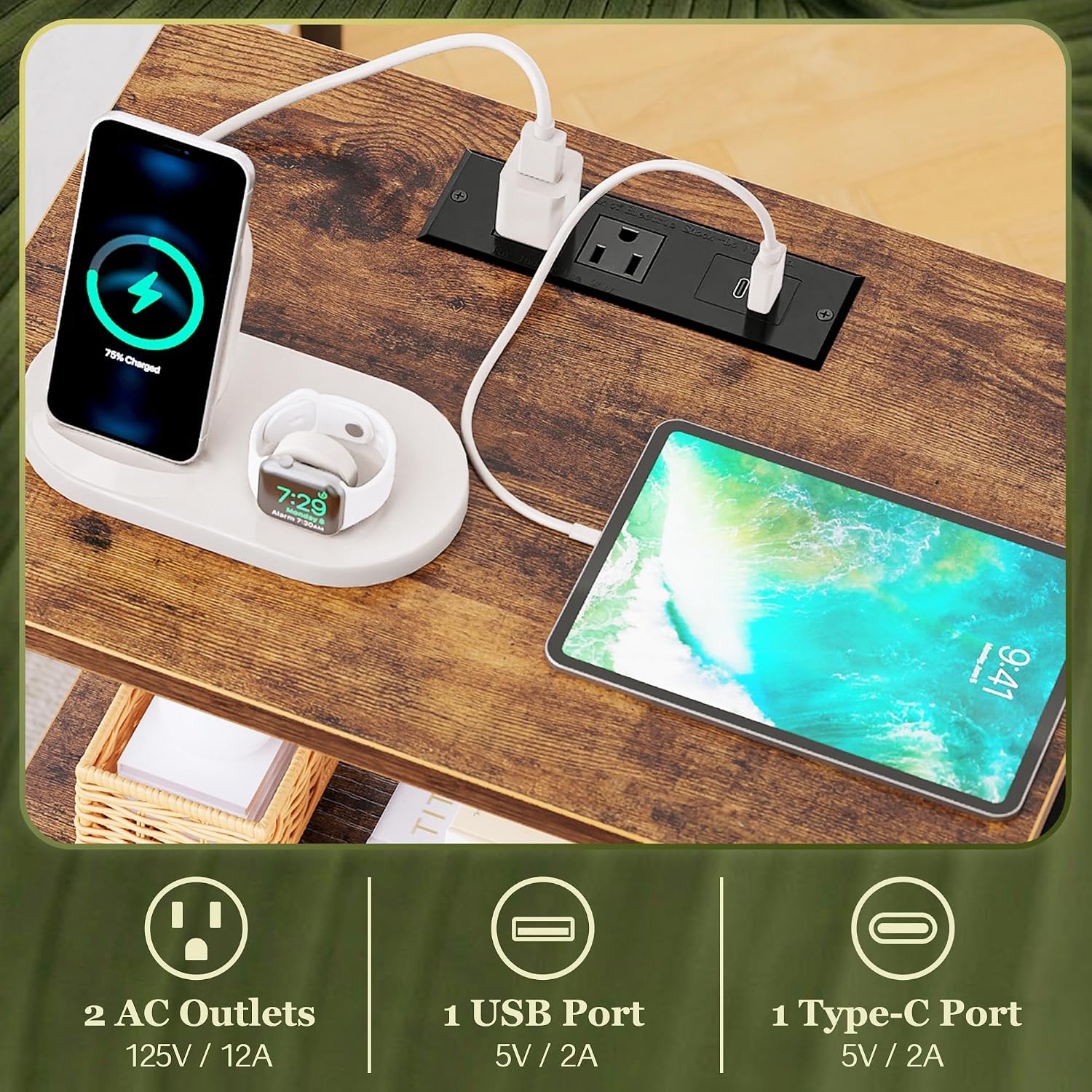 Thumbnail 3 de SUPERJARE Nightstand with Charging Station