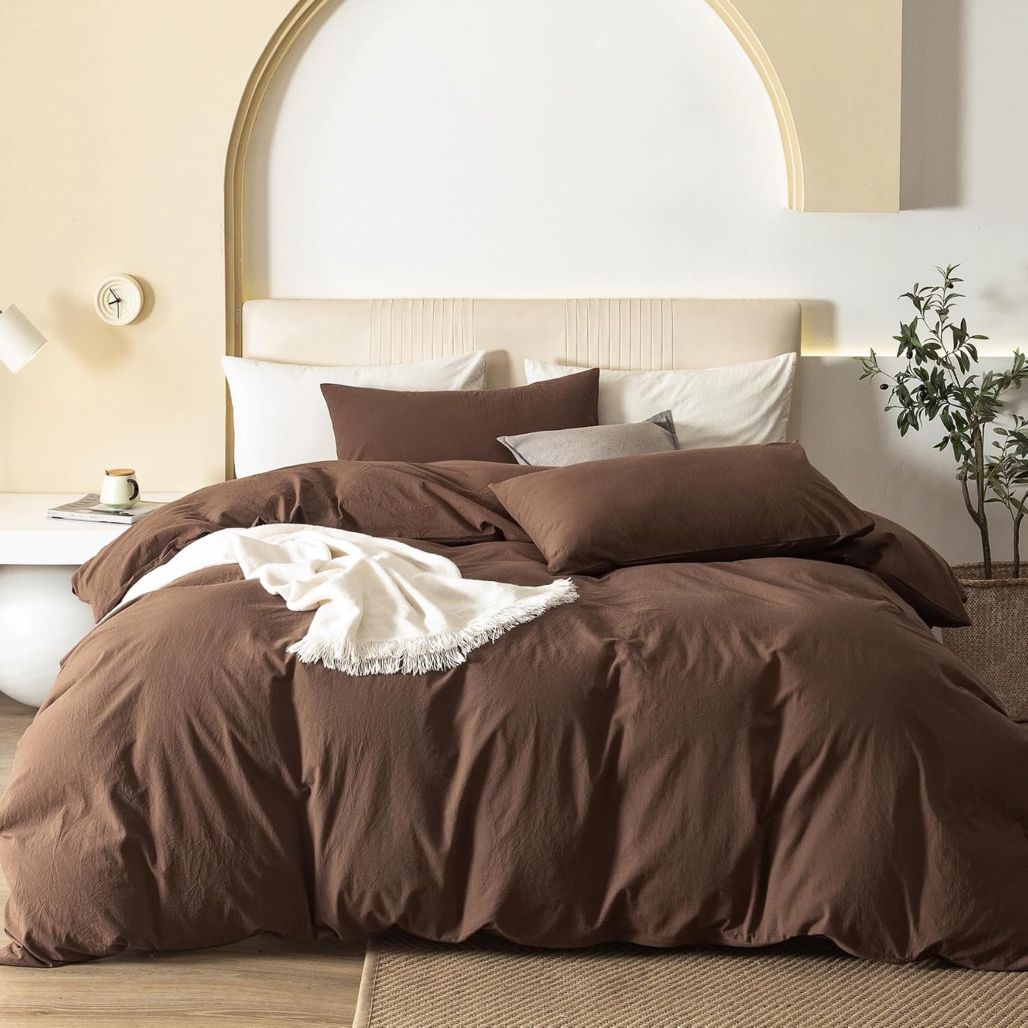 Detalle de JIYUAN Queen Washed Cotton Duvet Cover Set, 3-Piece with Hidden Zipper and 8 Corner Ties