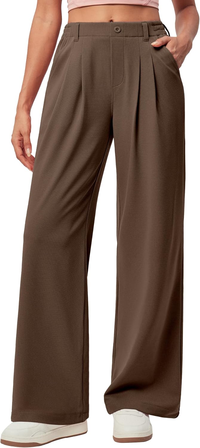 Detalle de IUGA Women's Wide-Leg Dress Pants, Waffle Knit, Pull-On Waistband, 26/28-Inch Inseams