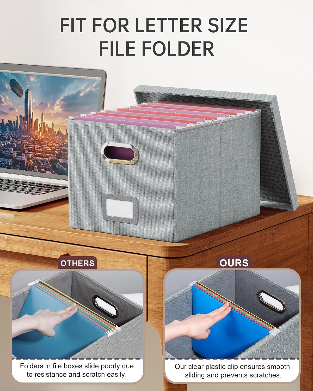 Detalle de Oterri AM03118 2-Pack File Storage Boxes with Lids, Gray Linen, Foldable
