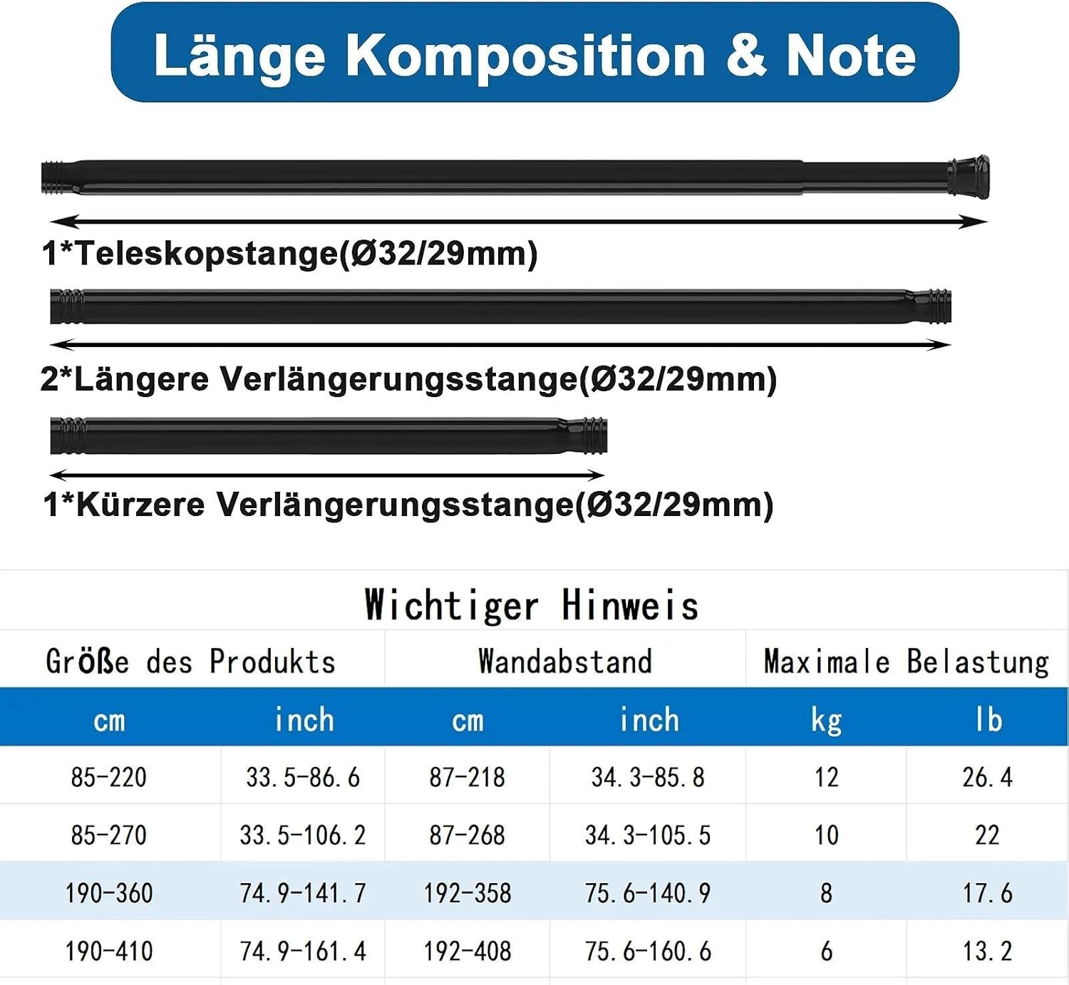 Thumbnail 2 de Aiitomg Tringle télescopique extensible à clipser extra longue 190–360 cm, blanc