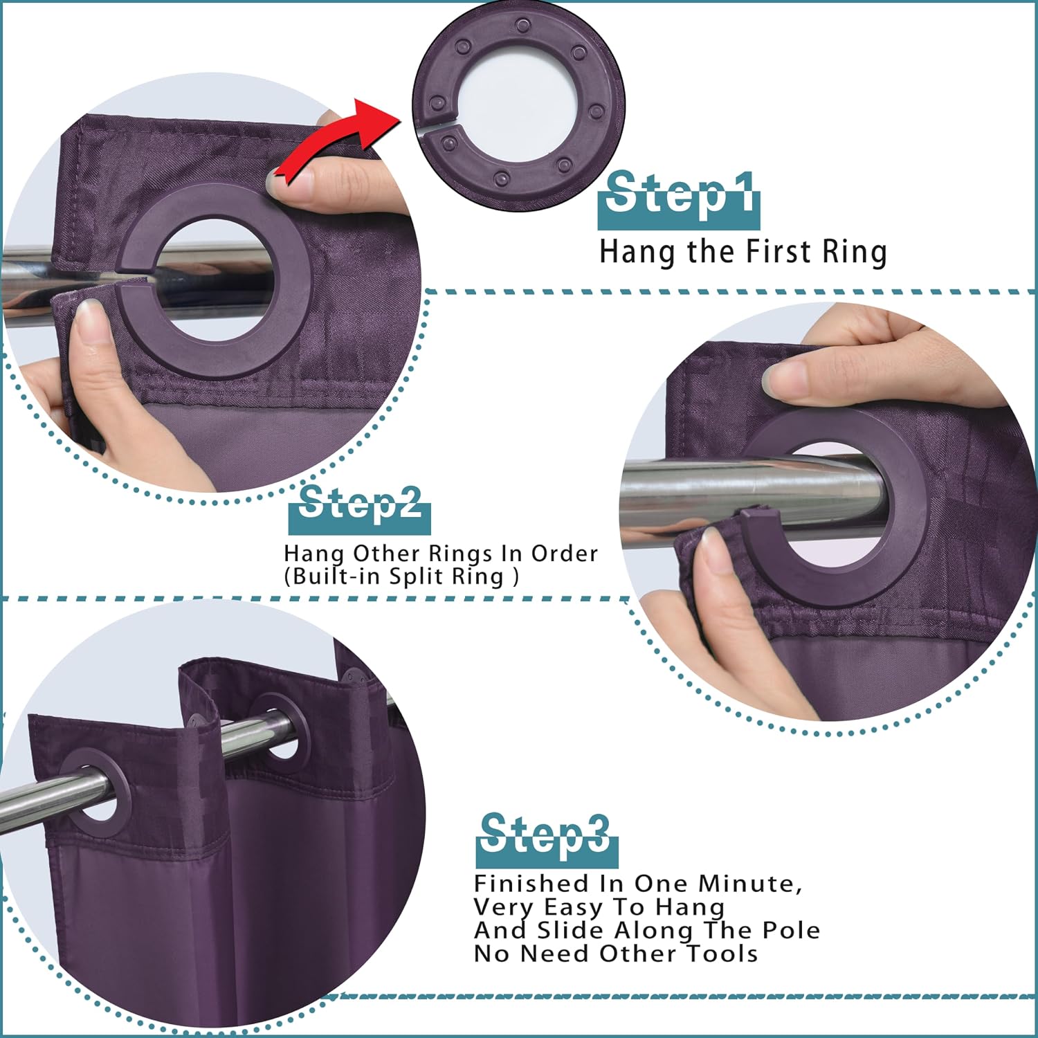 Detalle de Conbo Mio 1 Hotel-Style Shower Curtain, Check-Purple, 71W x 74H