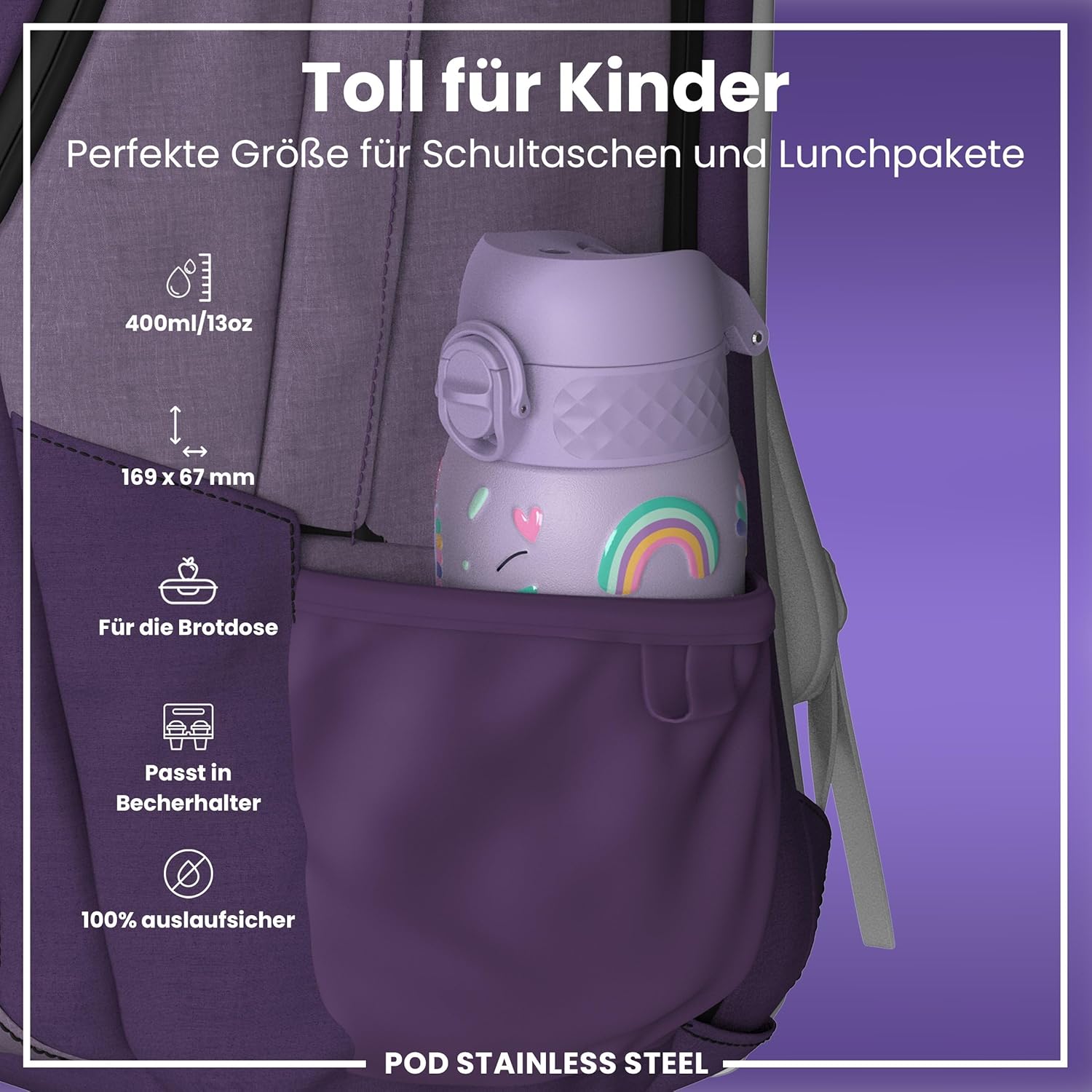 Detalle de Ion8 Edelstahl-Trinkflasche 400 ml – leicht, auslaufsicher, Einhandöffnung, violettes Einhorn
