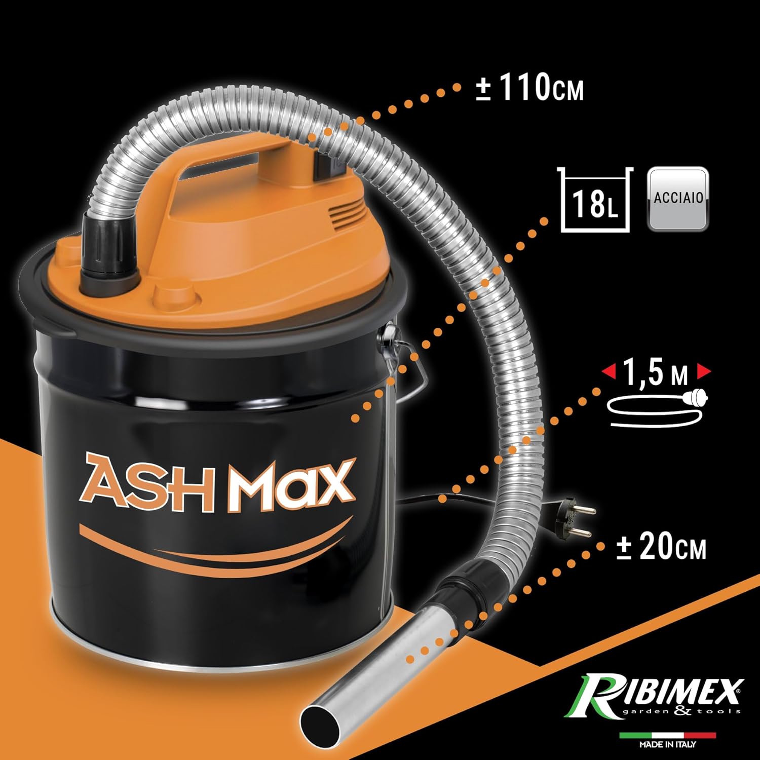 Thumbnail 3 de Ribimex ASHMax: Aspiracenere Elettrico 1000 W con Filtro HEPA lavabile, bidone 18 L, ideale per ceneri fredde